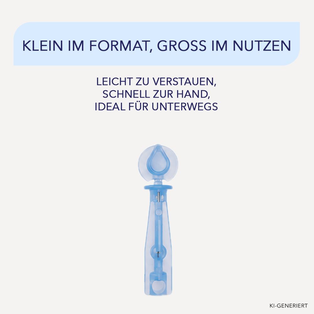 Blaue Lanzette mit Tropfenform-Kappe. Text: Klein im Format, gross im Nutzen.