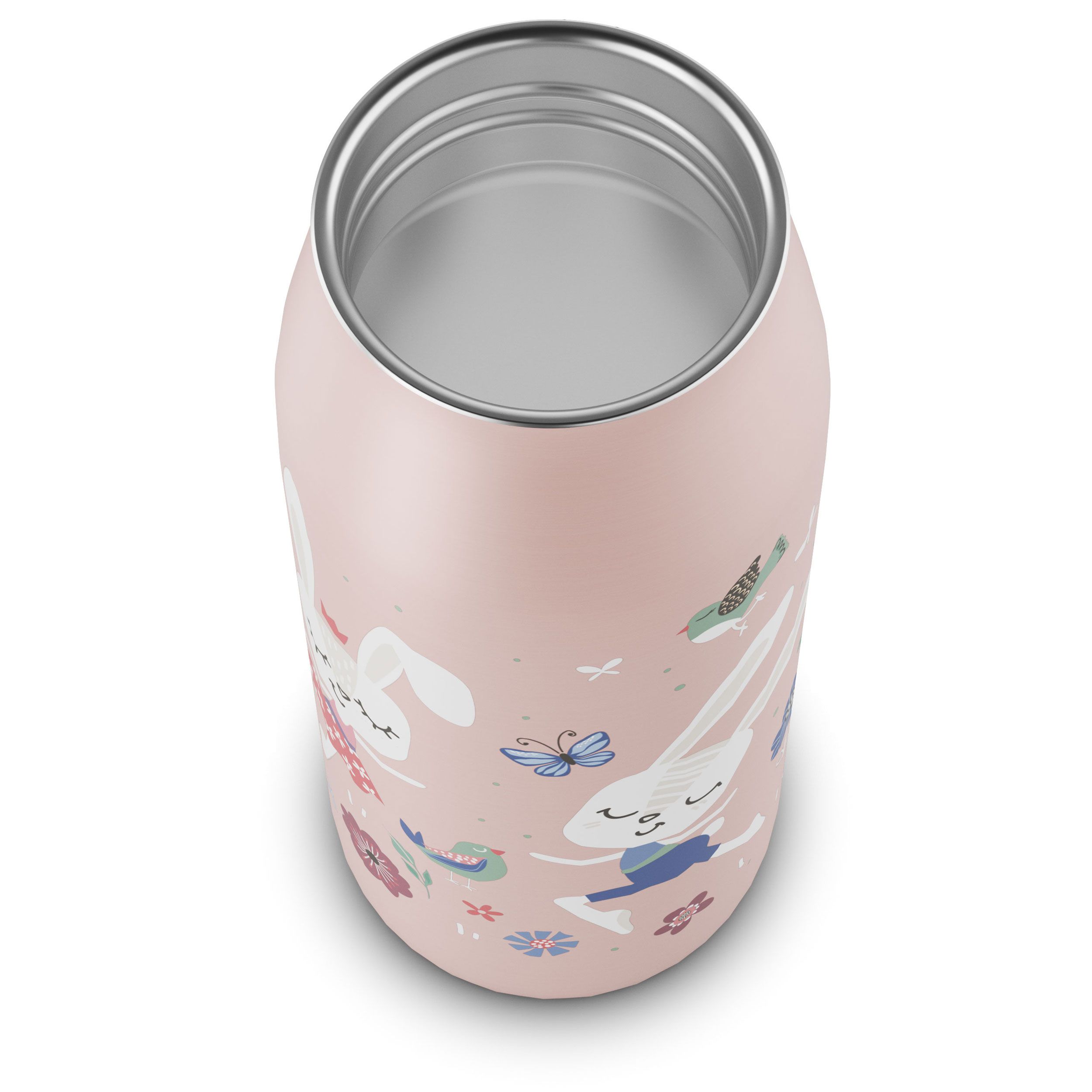 Oberansicht der offenen rosa Isolierflasche mit Hasenmotiv.