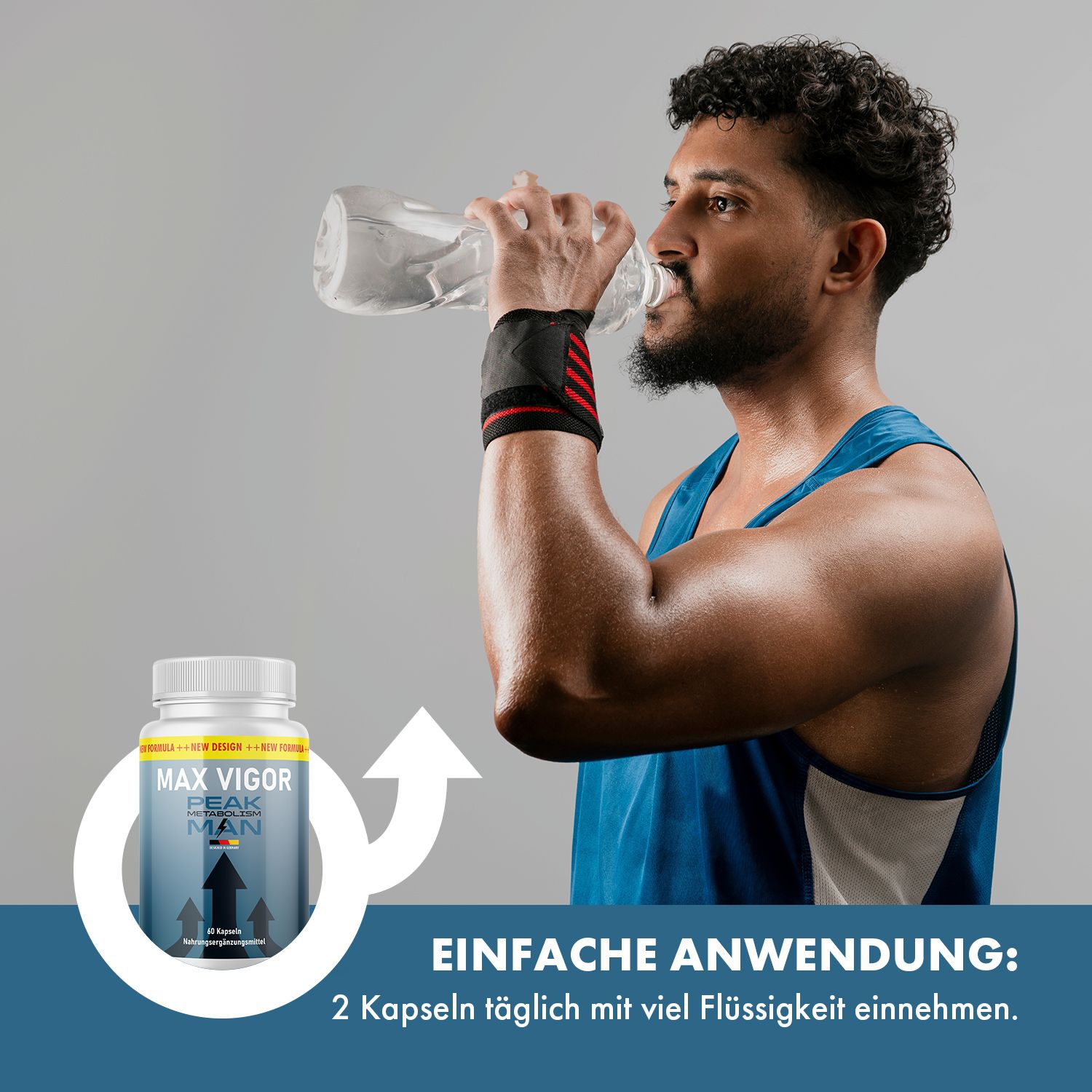 Mann trinkt Wasser aus einer Flasche. Daneben Kapsel-Dose mit gelbem Etikett. Aufschrift: MAX VIGOR PEAK METABOLISM MAN. Pfeil-Grafik.