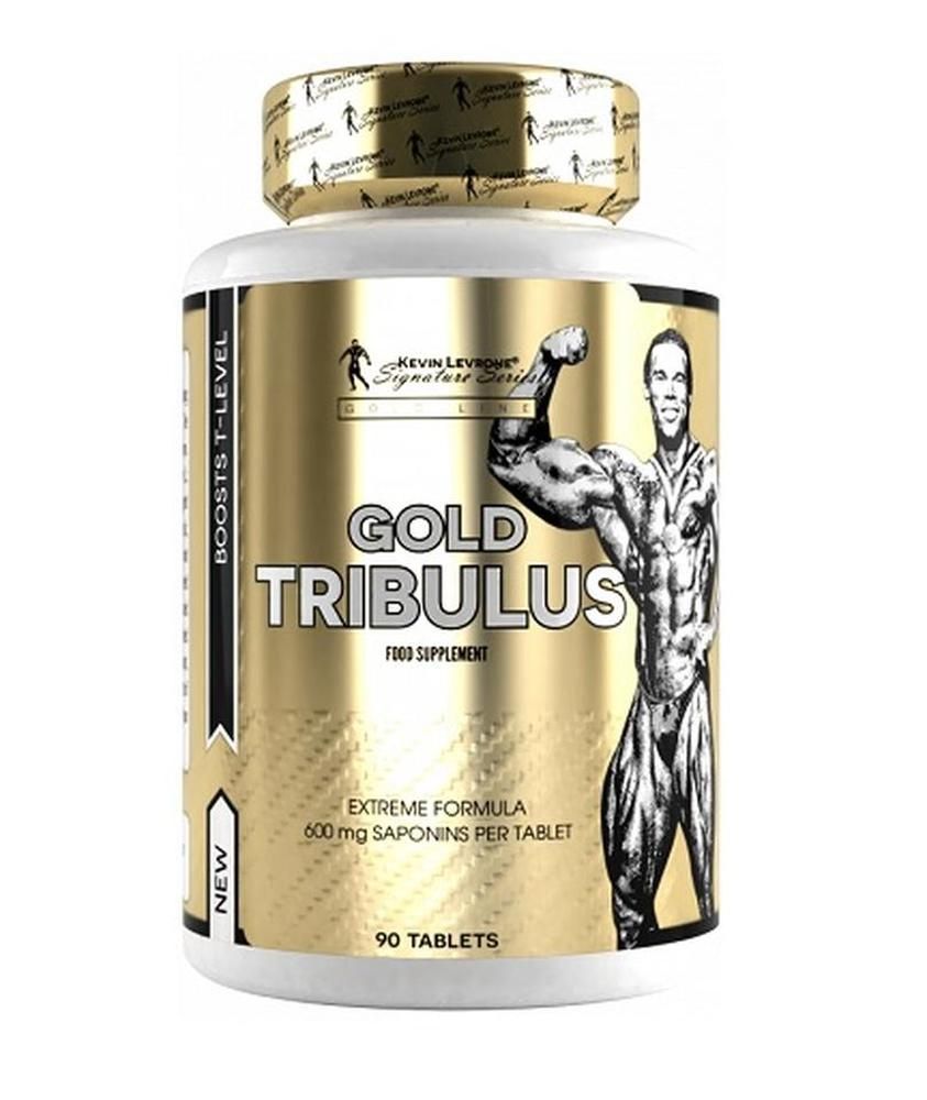 Gold Tribulus-Nahrungsergänzungsmittel in einer weißen Flasche mit goldenem Etikett. Enthält 90 Tabletten. Aufschrift: Kevin Levrone.