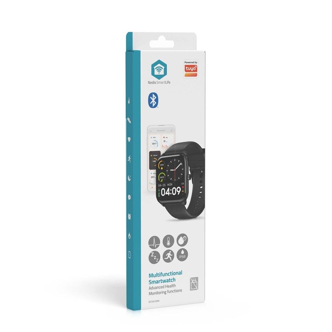 Verpackung der Smartwatch. Aufdruck: Smartwatch, Bluetooth, Funktionen, Nedis SmartLife-Logo. Abbildung der Uhr und App-Anzeige.