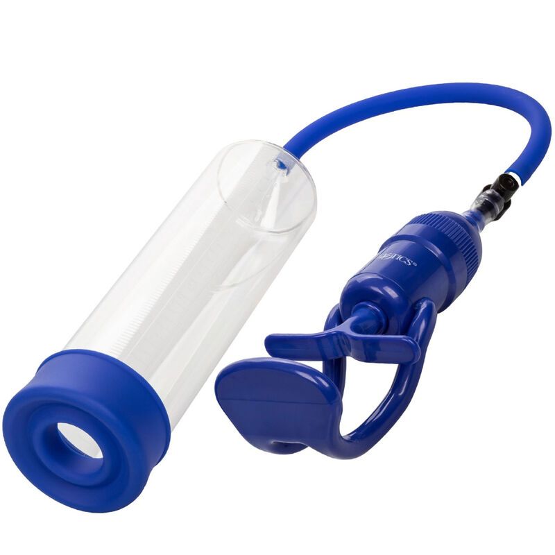Penispumpe mit blauem Griff, transparentem Zylinder und blauem Sockel.