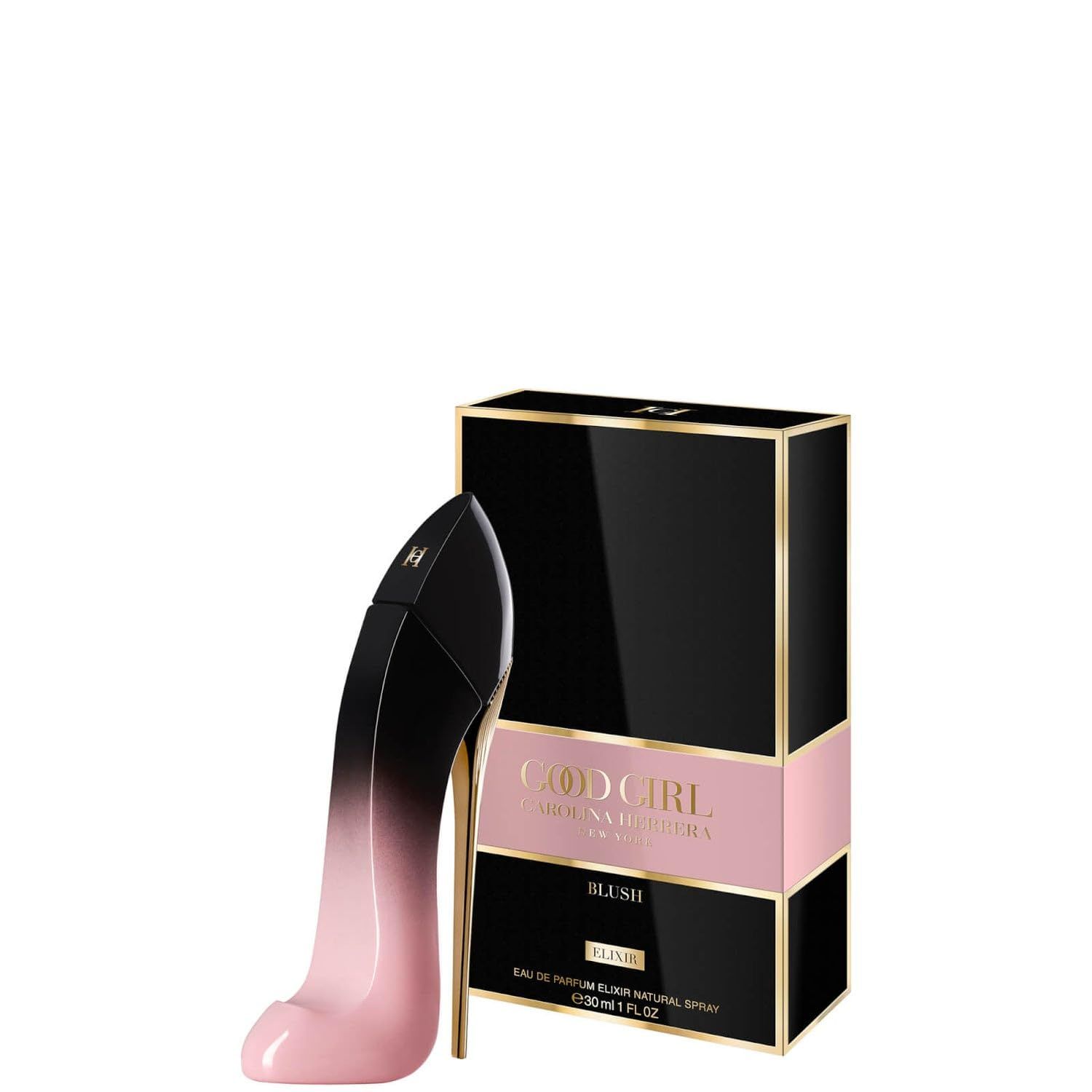 Parfümflakon in Form eines High Heels, schwarz-rosa Farbverlauf, neben schwarzer Schachtel mit Goldakzenten. Aufschrift: Good Girl Blush.