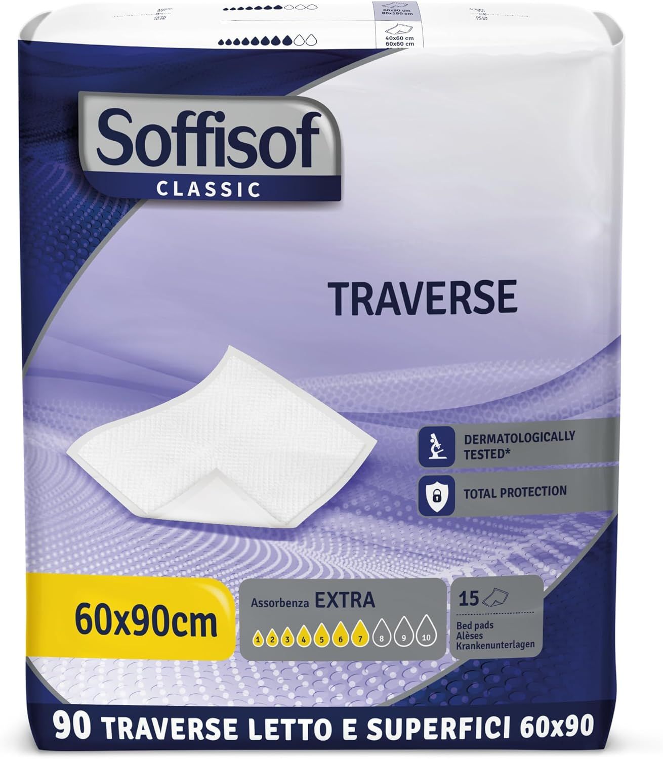 Verpackung Soffisof Classic Bettunterlage, 60x90cm, Extra Saugfähigkeit. Dermatologisch getestet. 15 Stück.