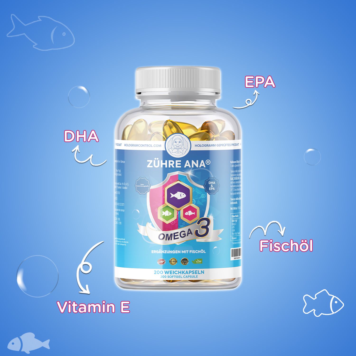 Flasche Zühre Ana Omega 3 Fischöl mit DHA, EPA, Vitamin E und Fischöl Symbolen.