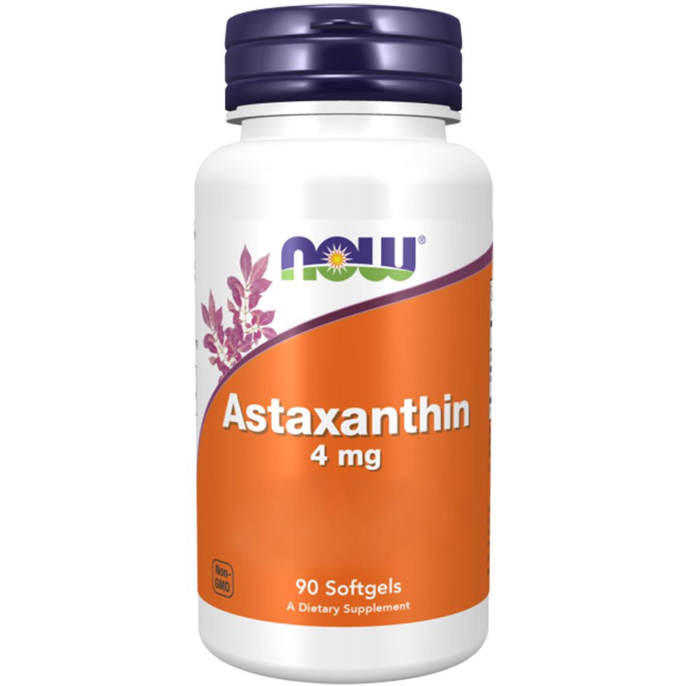 Weiße Flasche mit lila Deckel. Aufschrift: NOW, Astaxanthin 4 mg, 90 Softgels. Orangefarbener Aufkleber mit Produktinformationen.
