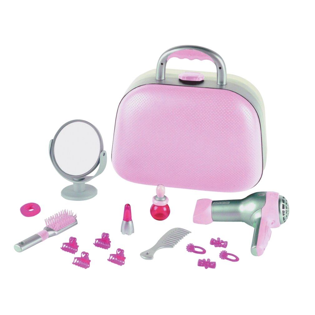Rosa Beauty Case mit Griff, daneben Zubehör: Spiegel, Bürste, Haartrockner, Nagellack, Haarklammern. Ohne Verpackung.