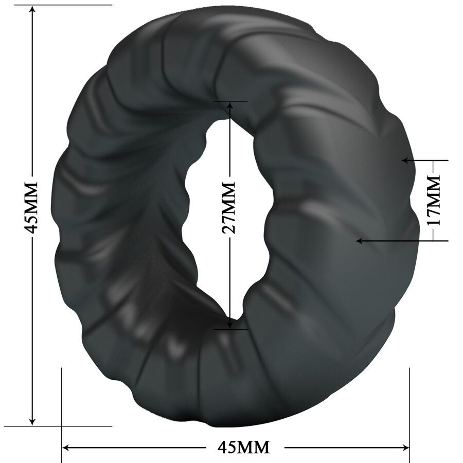 Schwarzer Penisring mit gedrehter, geriffelter Oberfläche. Abmessungen: 45mm Durchmesser, 27mm Innen, 17mm Dicke.