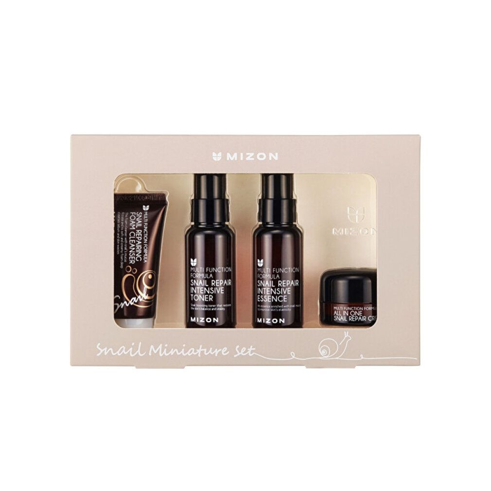 Set di miniature di lusso con lumaca. Vier Produkte in einer rechteckigen Box. Enthält Toner, Essenz, Creme und Reinigungsmittel. Marke: Mizon.