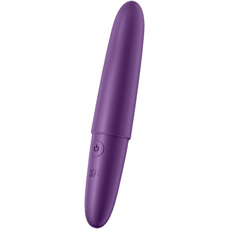 Lila Vibrator. Glatte Oberfläche. Zylindrische Form mit abgerundeter Spitze. Oben: Ein-Aus-Taste. Unten: Logo.