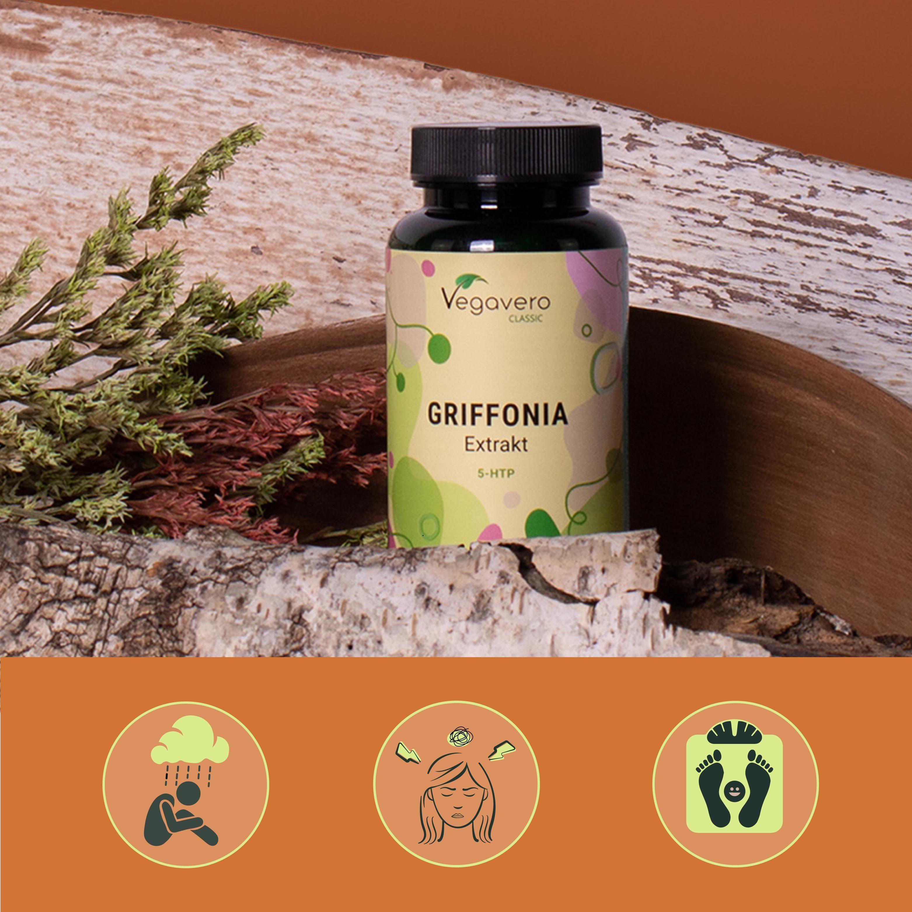 Grüne Flasche mit schwarzen Deckel. Aufschrift: VEGAVERO, GRIFFONIA Extrakt, 5-HTP. Auf einem Holzstück und Ästen platziert. Drei Icons im unteren Bereich.