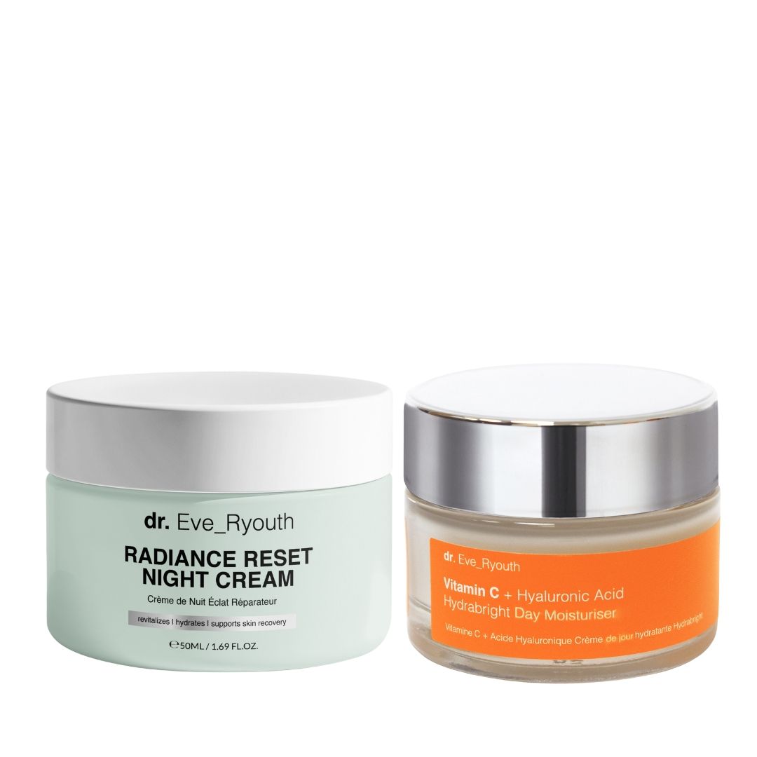 Zwei Cremetiegel: Dr. Eve_Ryouth Radiance Reset Nachtcreme und Vitamin C Tagescreme. Beide in Gläsern mit Deckel.