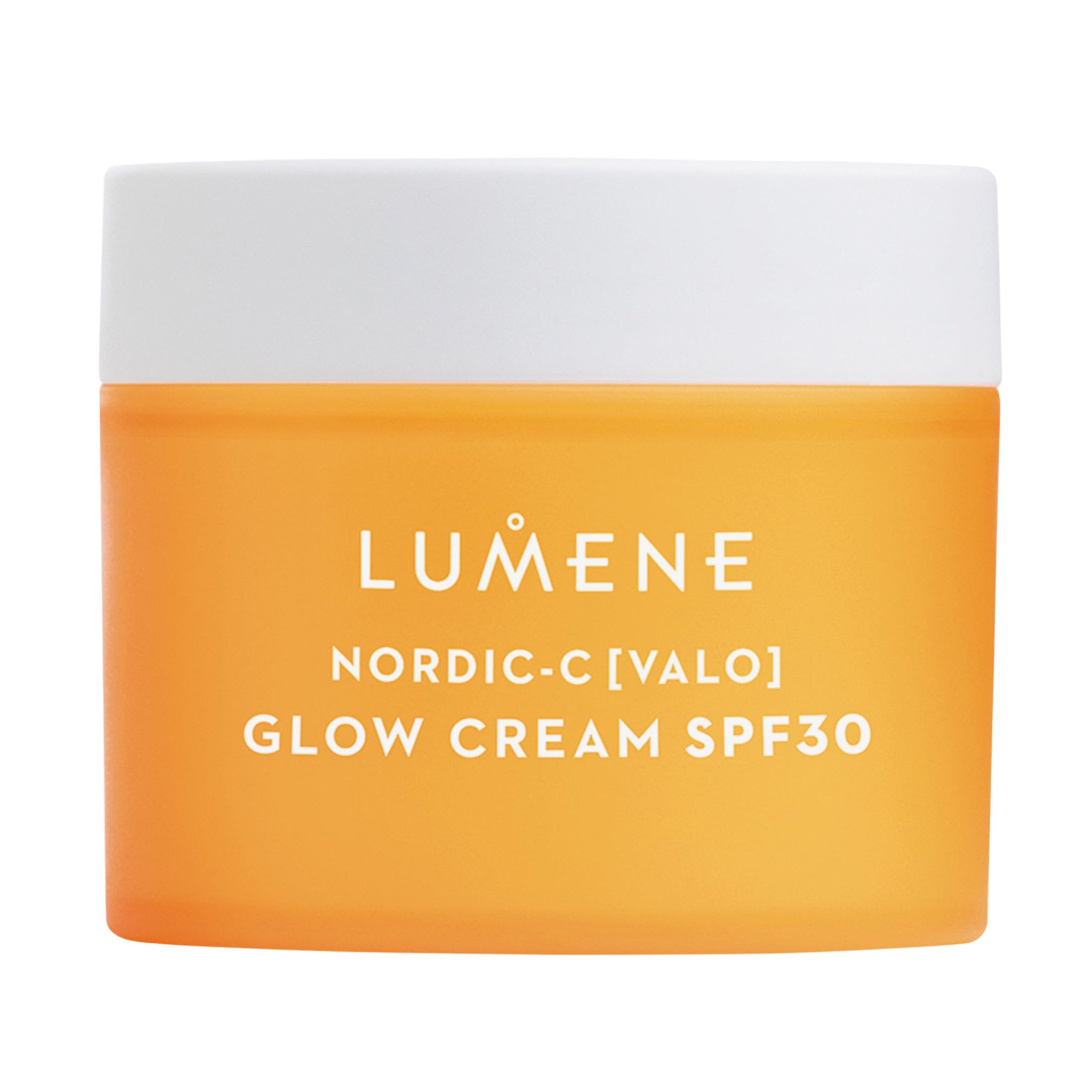 Gelbe Creme-Dose mit weißem Deckel. Aufschrift: LUMENE, NORDIC-C [VALO] GLOW CREAM SPF30.