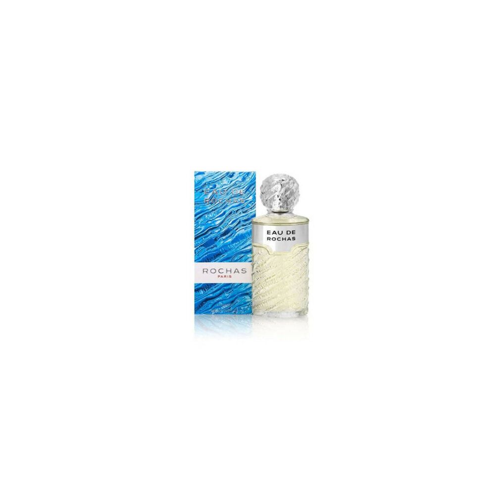 Parfümflasche und Verpackung. Flasche mit silbernem Band, Aufschrift "EAU DE ROCHAS". Blaue Verpackung mit "ROCHAS PARIS".