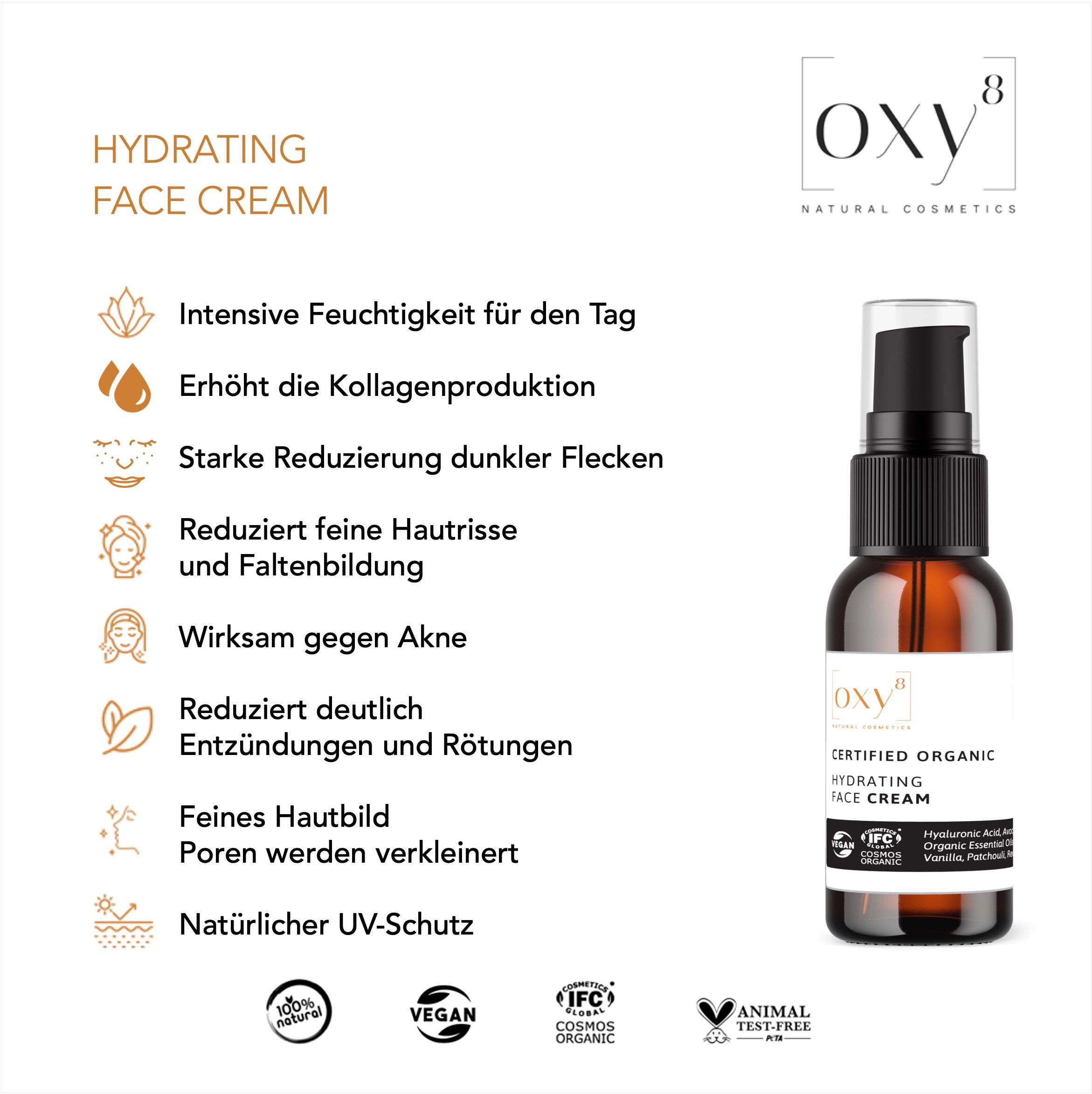 oxy8 Naturkosmetik HYDRATING FACE CREAM - Anti Aging. Feuchtigkeit. Reduziert Falten & Altersflecken