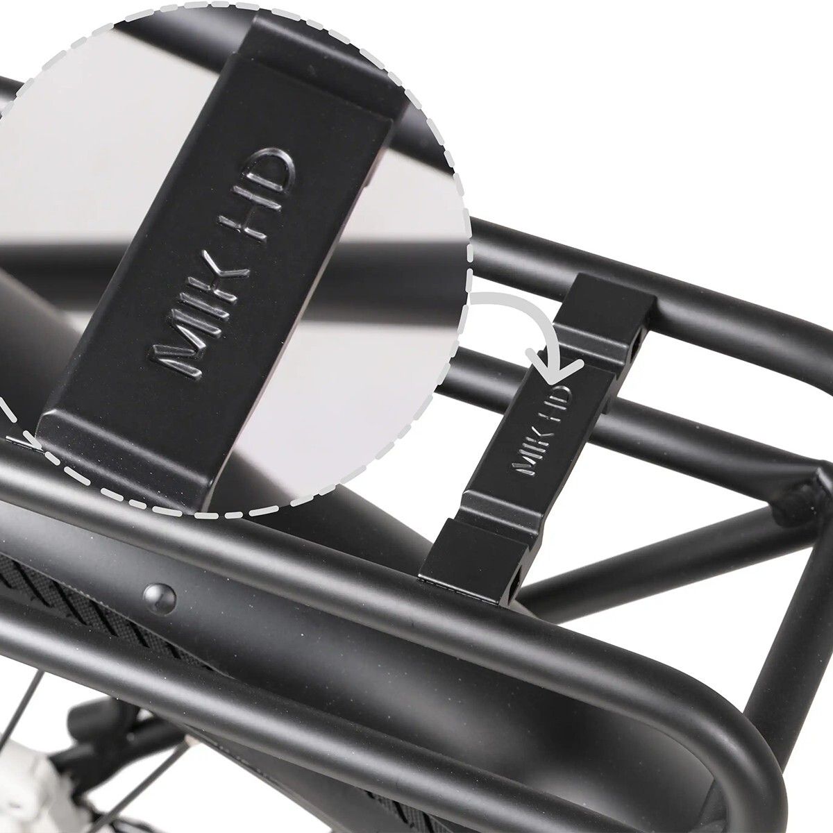 Nahaufnahme eines schwarzen Gepäckträger-Befestigungselements mit der Aufschrift MIK HD.