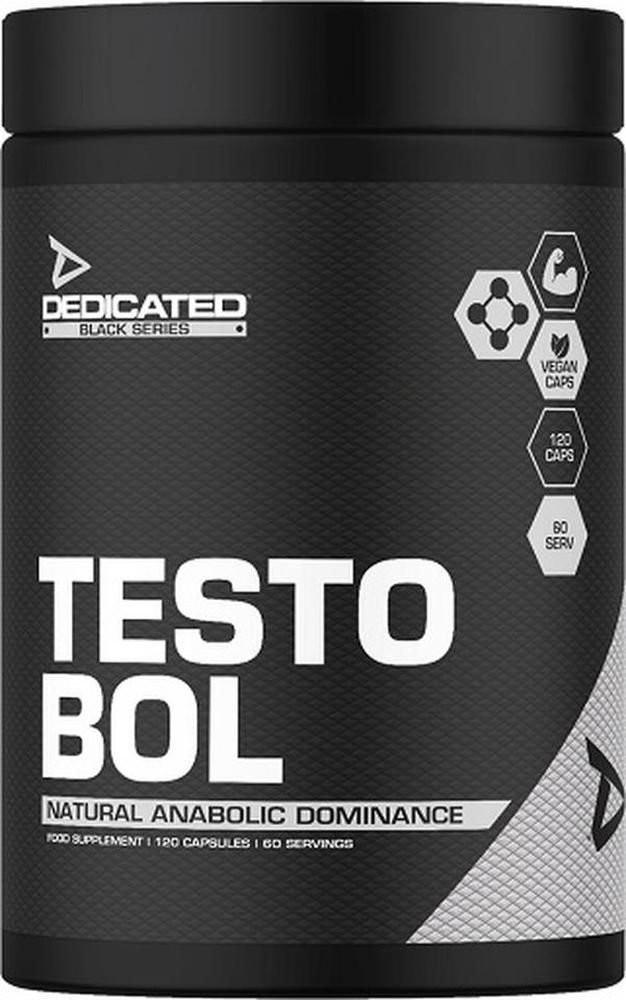 Schwarze Dose mit weißer Aufschrift "TESTO BOL" und "DEDICATED BLACK SERIES". Enthält 120 Kapseln. Vegan-Logo.