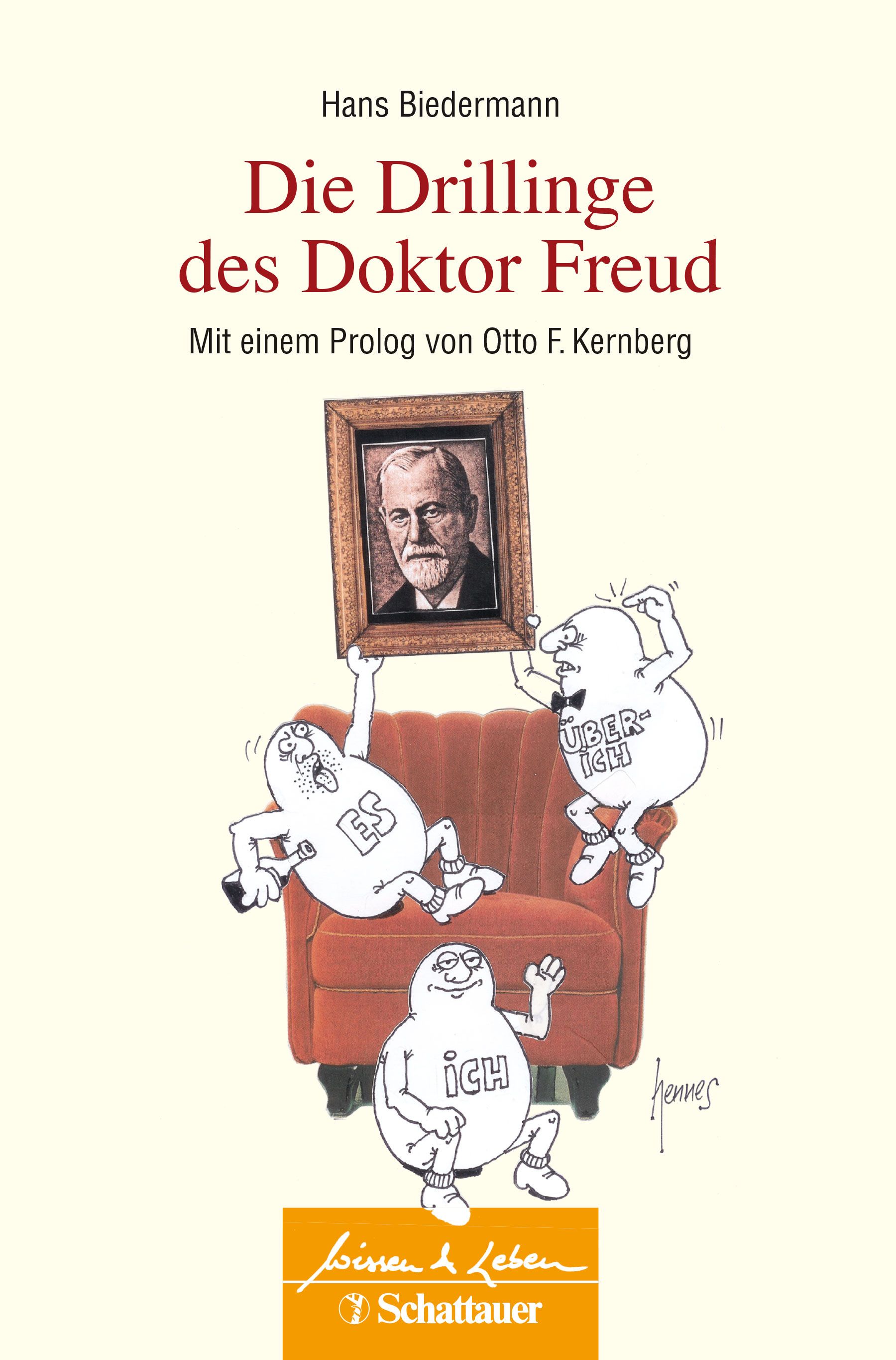 Buchcover: "Die Drillinge des Doktor Freud". Titel und Autor sichtbar. Illustration mit Figuren und Porträt.