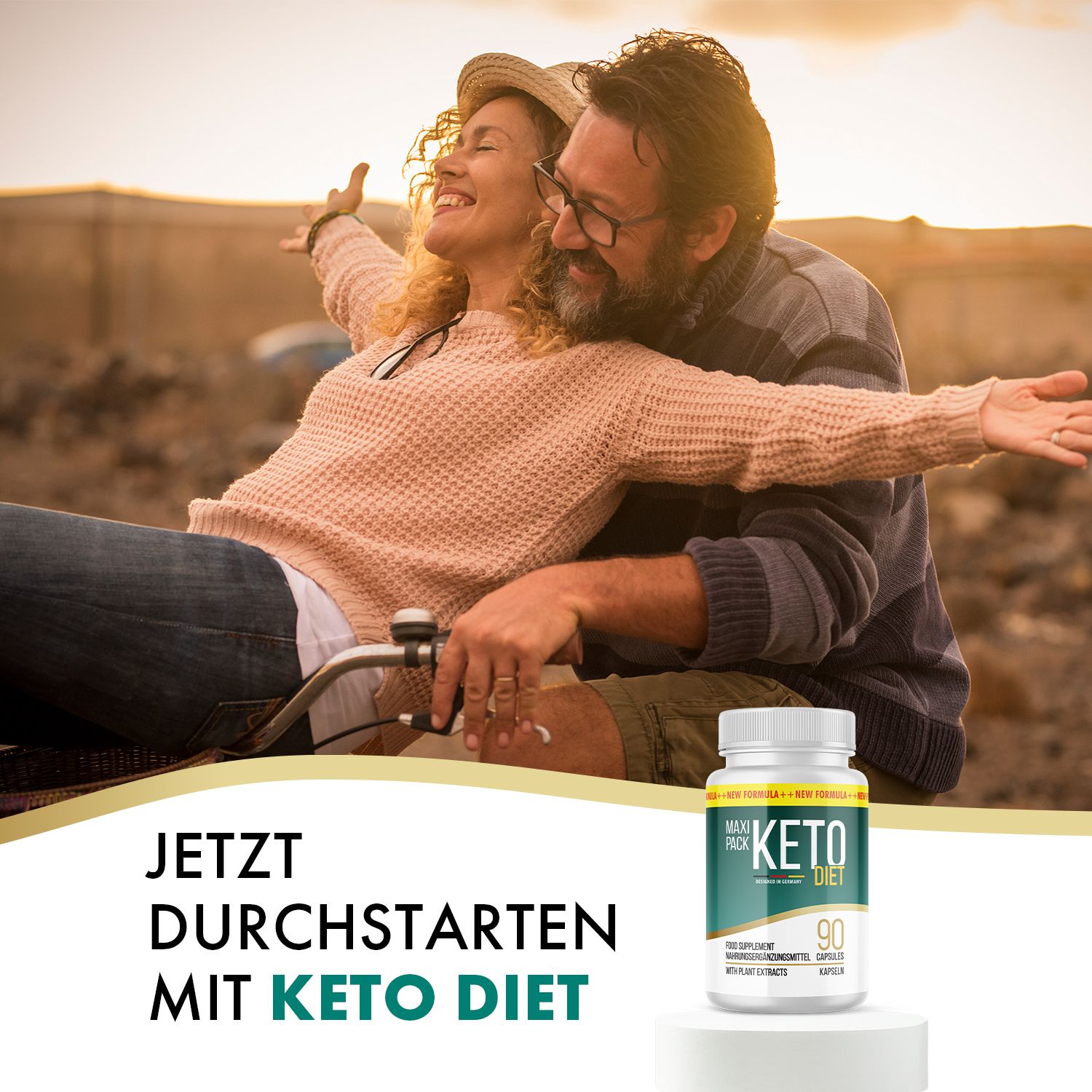 Paar umarmt sich, Dose Keto Diet, 90 Kapseln. Text: Jetzt durchstarten mit Keto Diet. Hintergrund: Landschaft bei Sonnenuntergang.