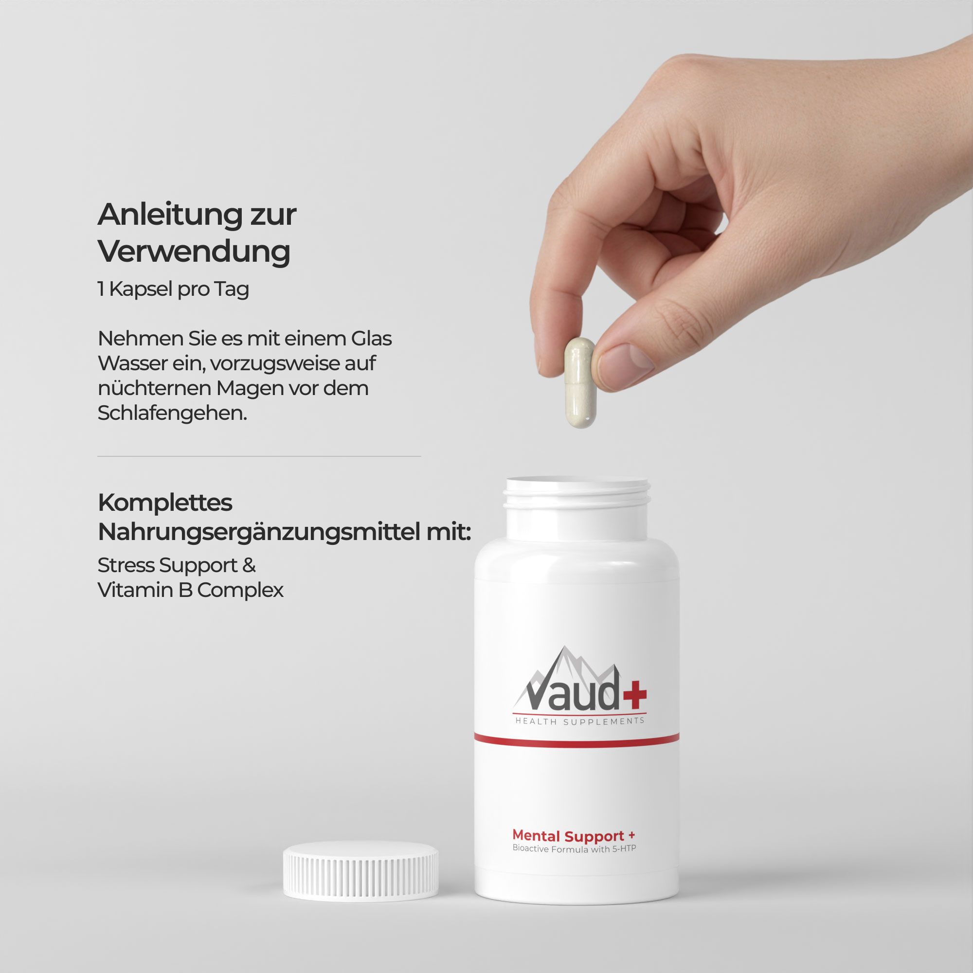 Hand hält eine Kapsel über einer weißen Flasche mit Schraubverschluss. Aufschrift: Vaud+.