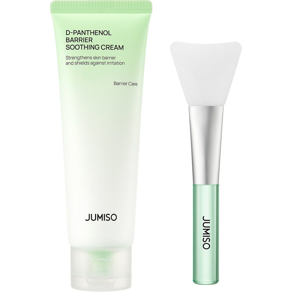 Tube D-Panthenol Barrier Soothing Cream und Bürste. Grün-weiße Farbgebung. Text: JUMISO.