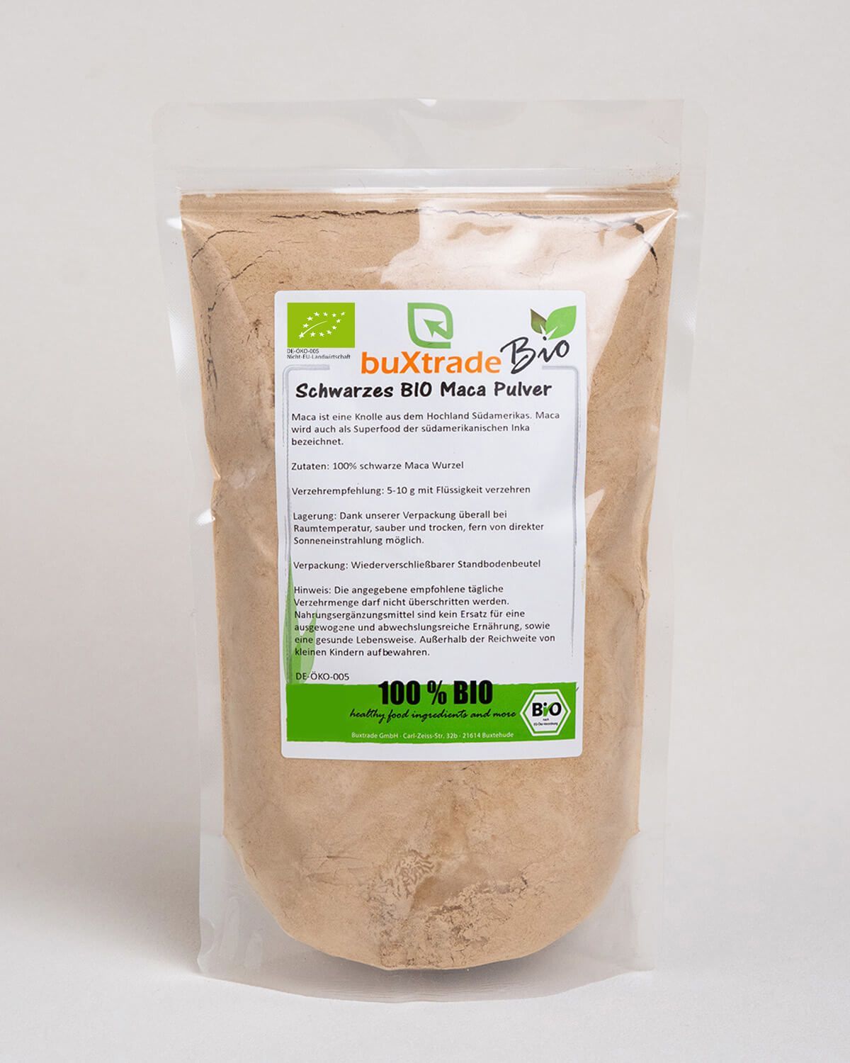 Verpackung mit schwarzem Bio Maca Pulver, 100% Bio-Siegel und Zutatenliste.