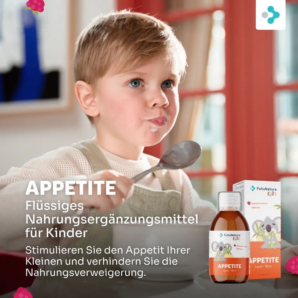 Kind is aan het eten. Naast hem staat een fles en verpakking van FutuNatura Kids Appetite siroop. Tekst: Appetit.