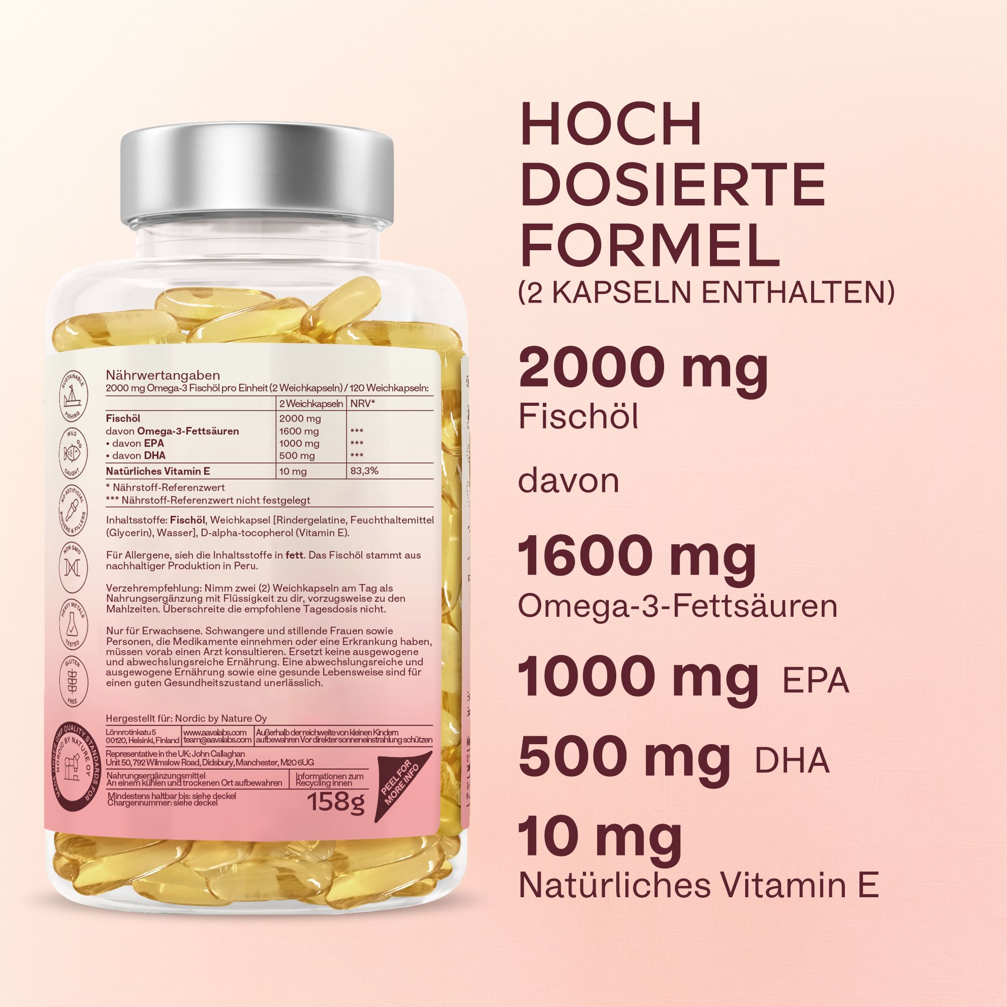 Rückseite der Omega-3-Flasche. Nährwertangaben, Inhaltsstoffe. 158g. Hochdosiert.