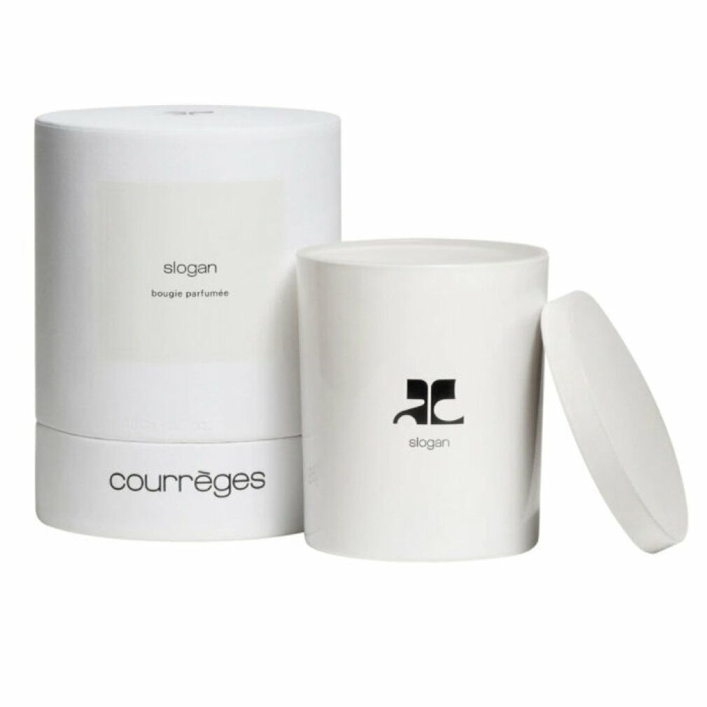 Weiße Kerze mit Deckel und Verpackung. Aufschrift 'slogan' und 'bougie parfumée'. Marke 'Courrèges'.