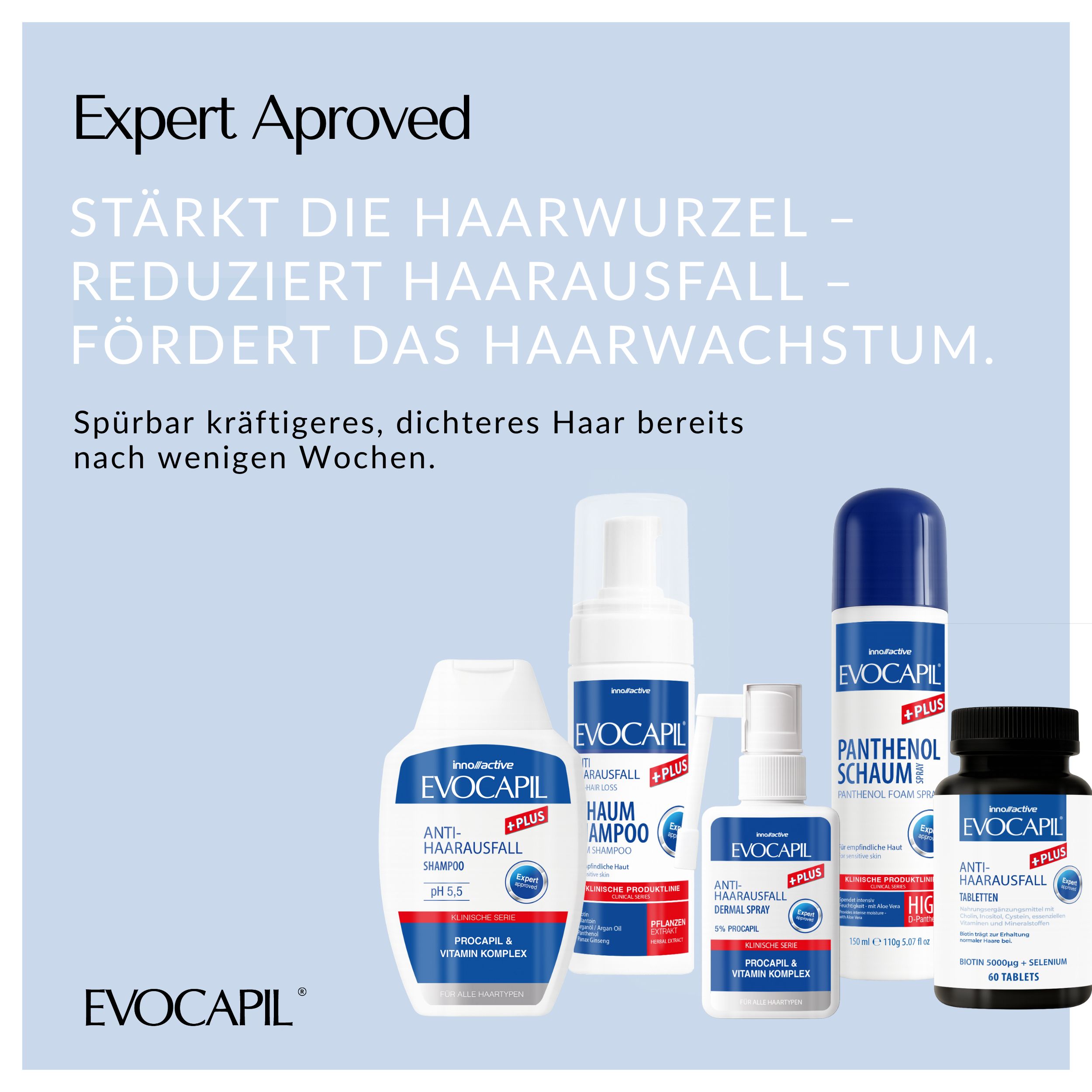 Verschiedene Evocapil Plus Produkte: Shampoo, Schaum, Spray, Tabletten. Expert Approved. Stärkt die Haarwurzel.