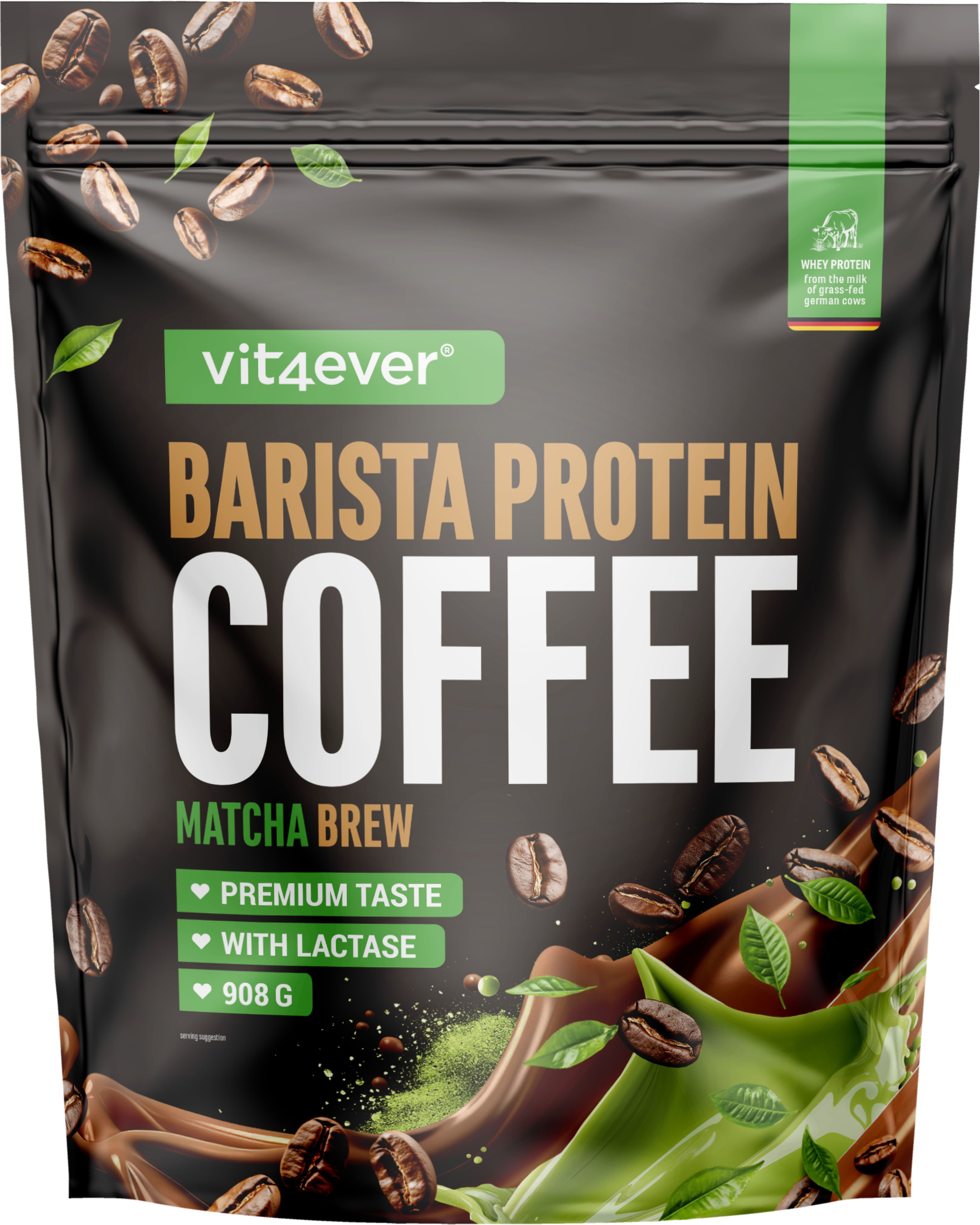 Schwarze Verpackung mit "vit4ever Barista Protein Coffee Matcha Brew". Abbildung von Kaffeebohnen und Blättern. 908g.