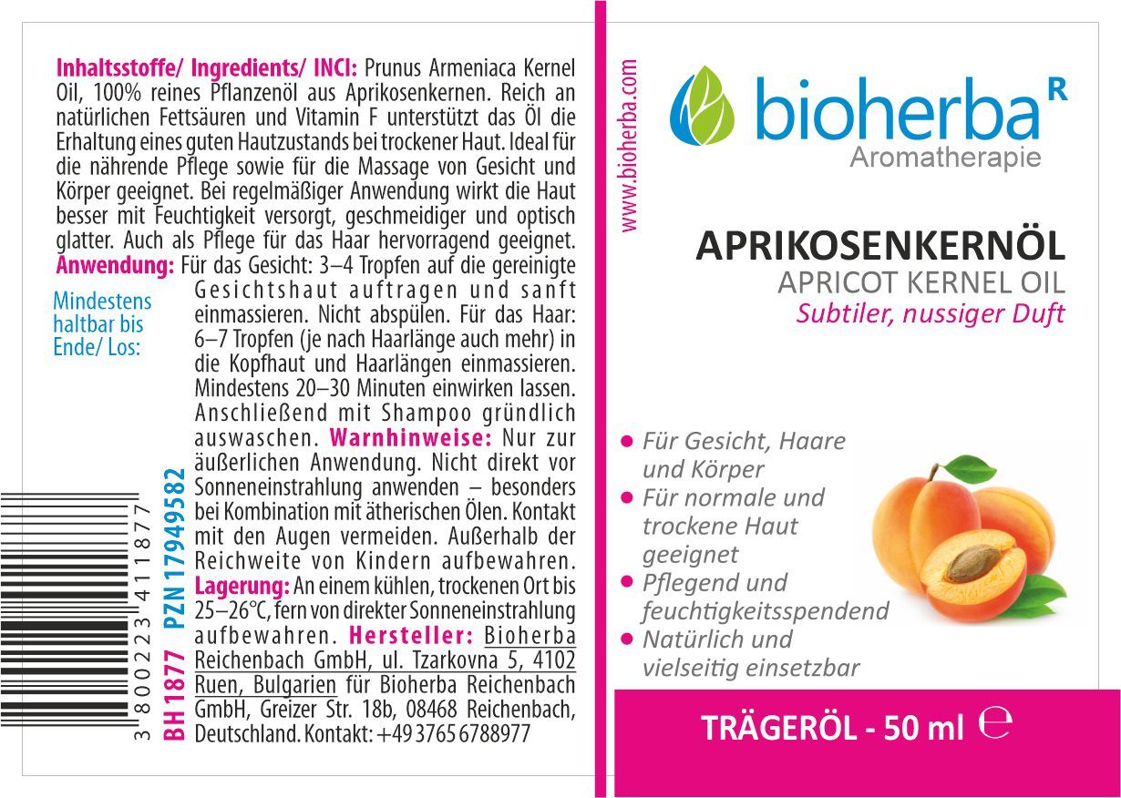 Etikett mit Produktinformationen und Text. "Bioherba" Logo und Produktname. Illustration von Aprikosen. Rosa Hintergrund.