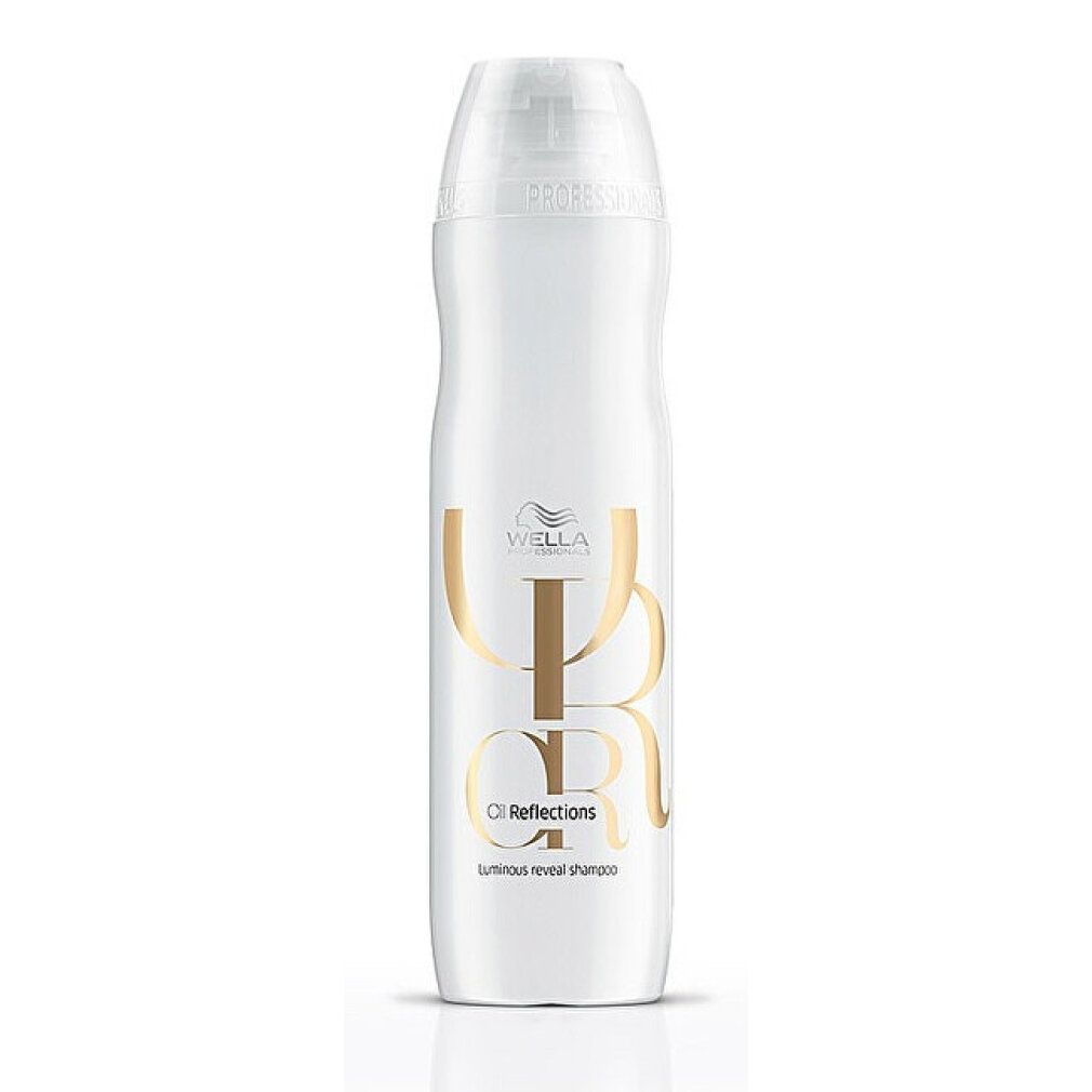Weiße Flasche Wella Oil Reflections Shampoo mit goldenem Logo und Schriftzug.