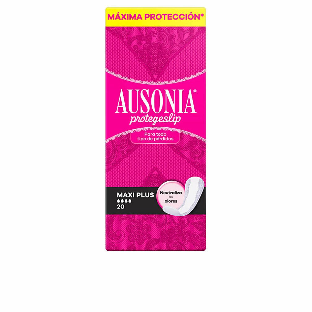 Verpackung von Ausonia Protegeslip Maxiplus Slipeinlagen. Rosa-weißes Design mit Produktnamen und Beschreibung. 20 Stück.
