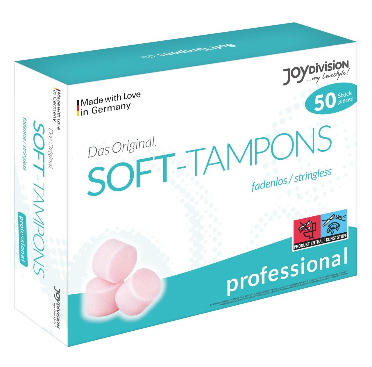 Verpackung von Soft-Tampons. Marke Joydivision. 50 Stück. Rosa Tampons liegen vor der Box. Text: Original Soft-Tampons Professional.