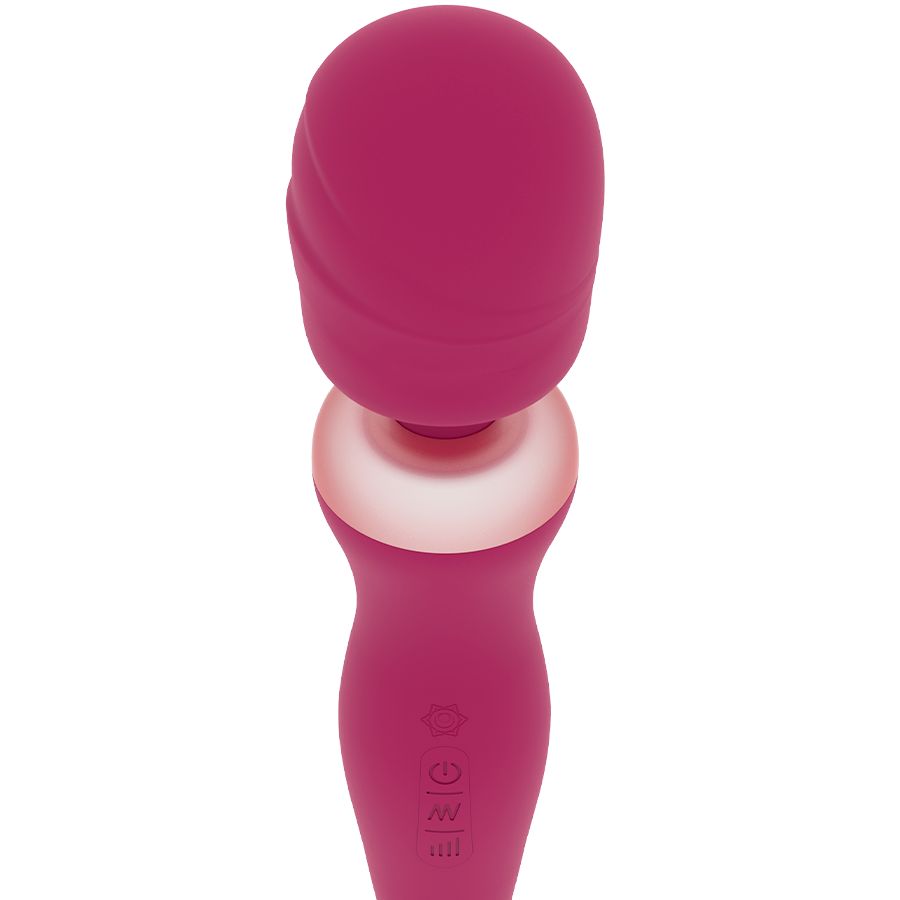 Nahaufnahme eines rosa Wand-Vibrators. Runde Spitze, silberfarbener Ring, Bedienknöpfe.