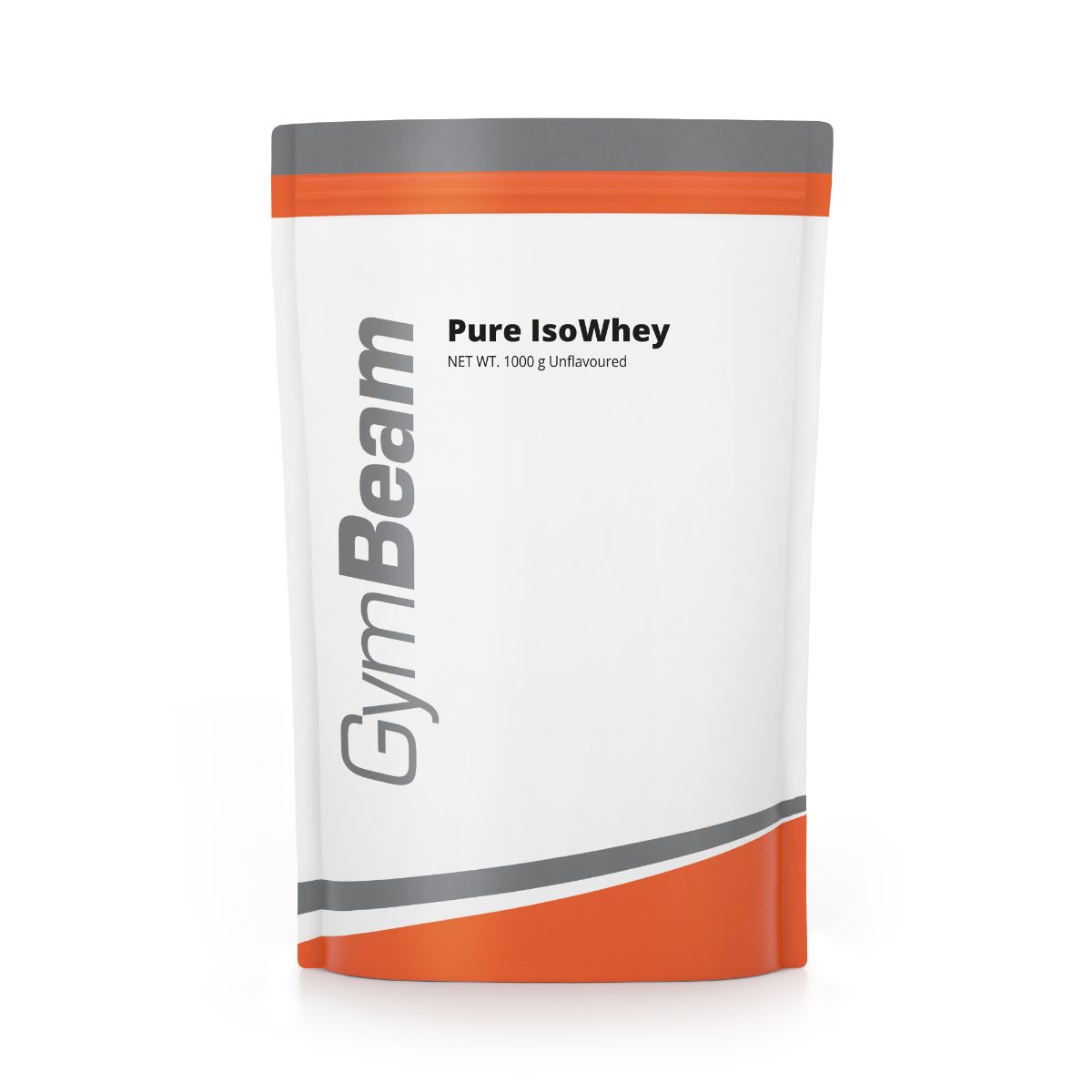 GymBeam Pure IsoWhey Molkenprotein-Isolat Pulver, 1000g, Unflavoured. Weiße Verpackung mit orange-grauen Akzenten.