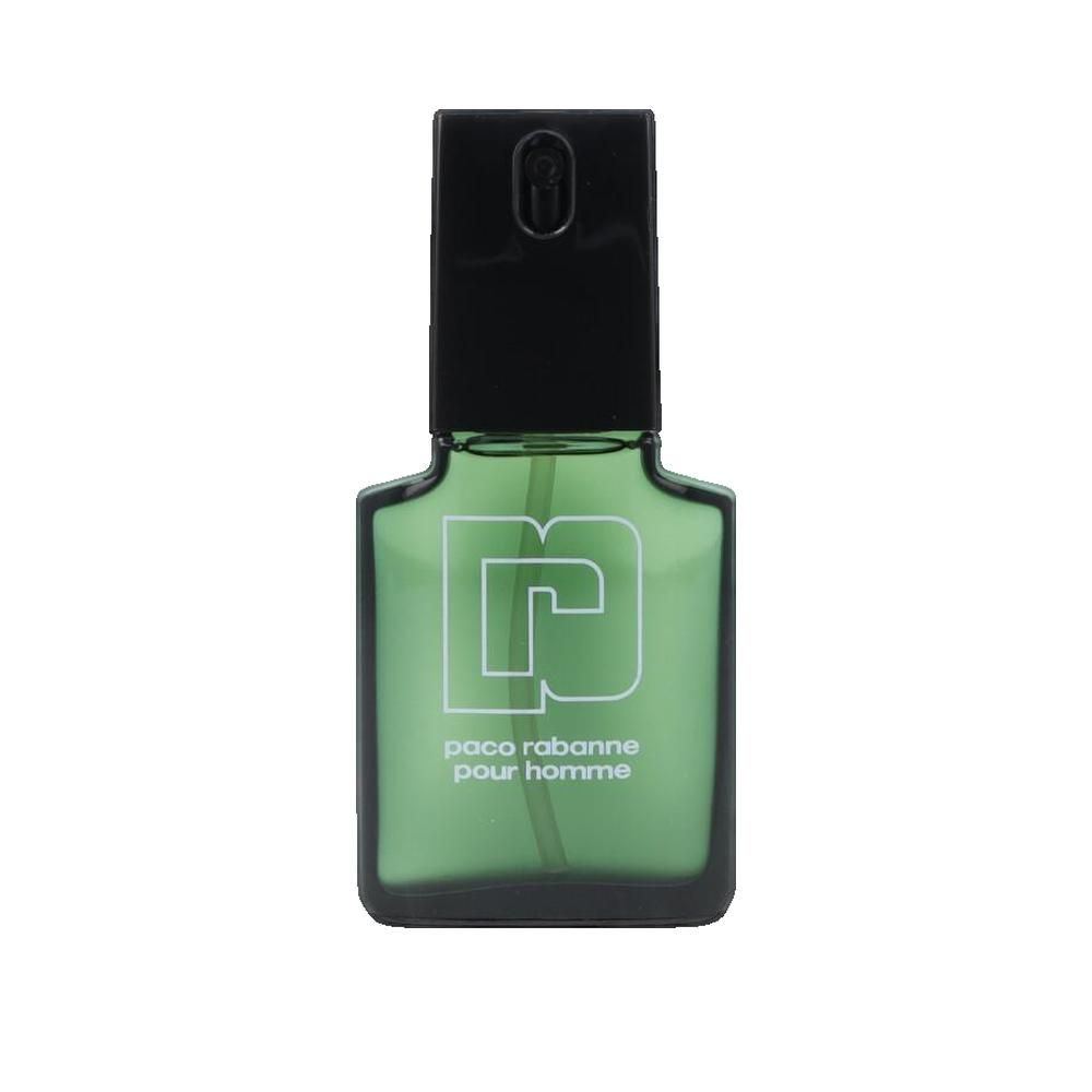 Grünes Paco Rabanne Pour Homme Eau de Toilette. Schwarzer Verschluss. Weißes Logo und Schriftzug.