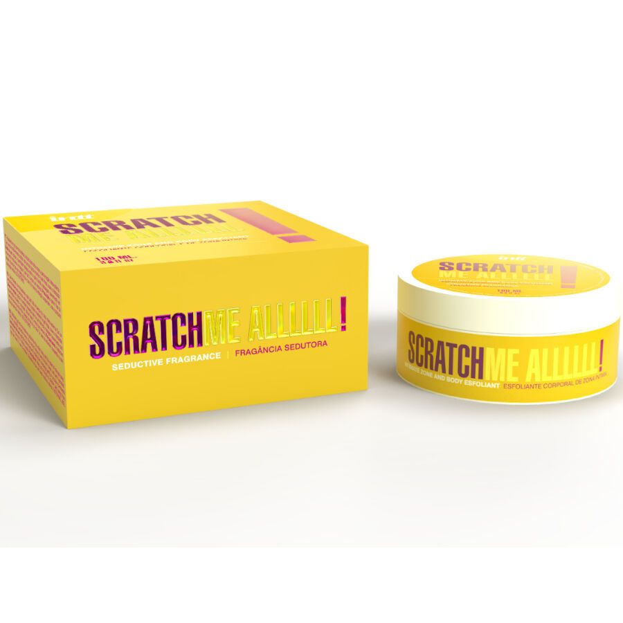 Gelbe Schachtel und Gel-Behälter. Aufschrift: SCRATCH ME ALLLLLL! Verlockender Duft. Gelbe Schrift mit pinkfarbenen Akzenten. Pinkfarbenes Ausrufezeichen.