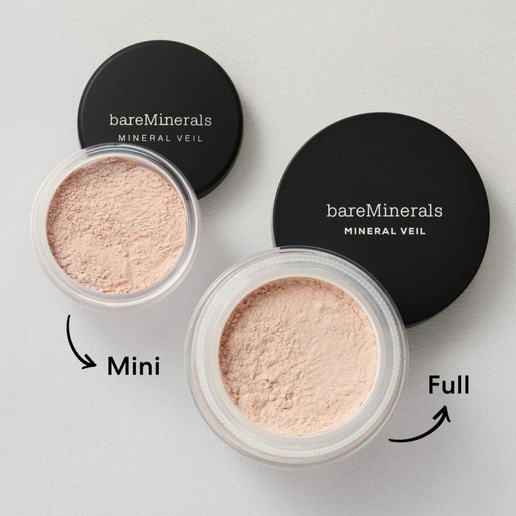 Zwei Behälter mit losem Puder und schwarzem Deckel. Beschriftung "bareMinerals MINERAL VEIL". Mini- und Full-Größe.