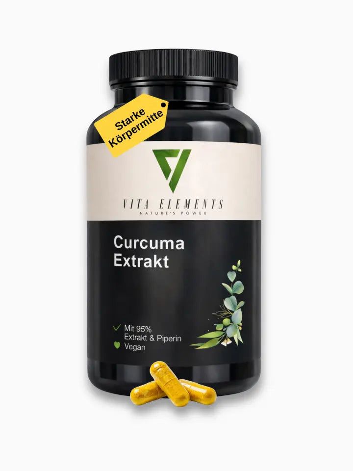 Vita Elements Curcuma Extrakt Kapseln: Schwarze Dose mit gelben Kapseln und Blattmotiv. Enthält 95% Extrakt & Piperin. Vegan.