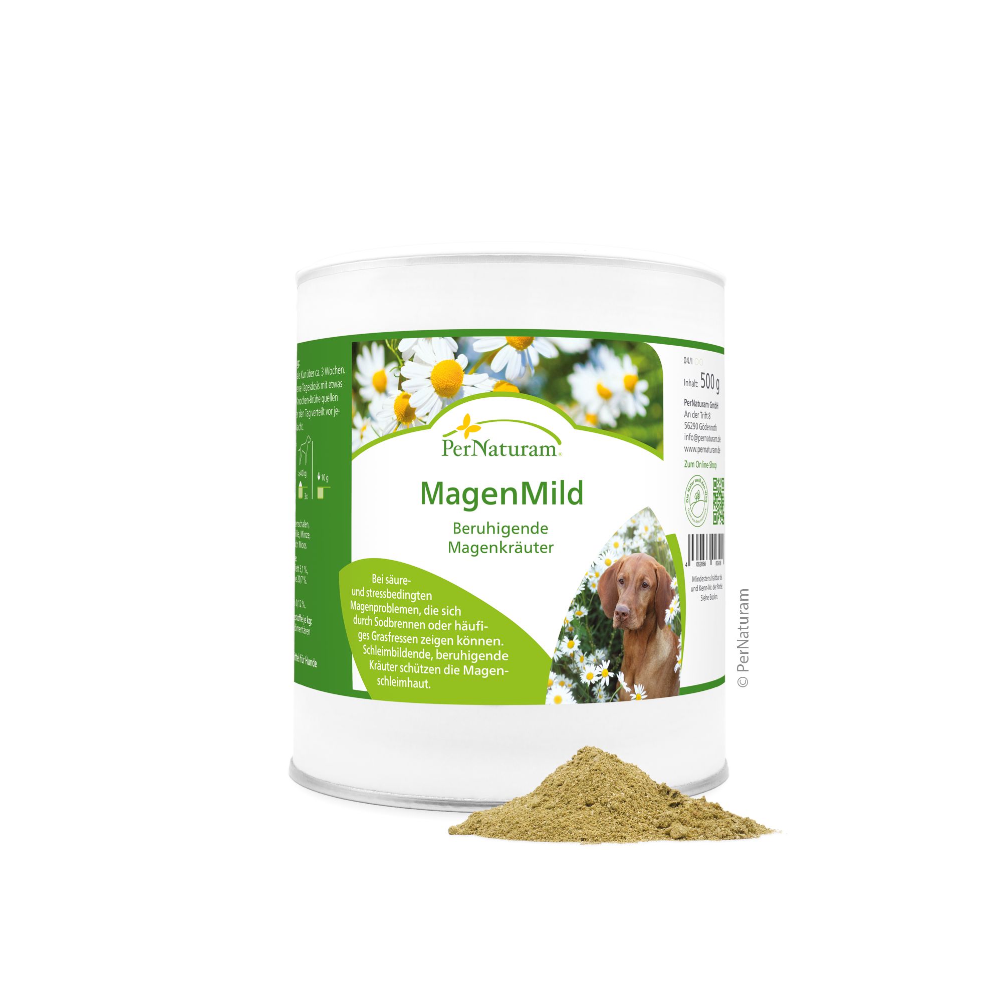 Dose PerNaturam MagenMild mit Kamillenblüten und Hund. Text: Beruhigende Magenkräuter. Grün-weißes Etikett. Haufen Kräuterpulver.