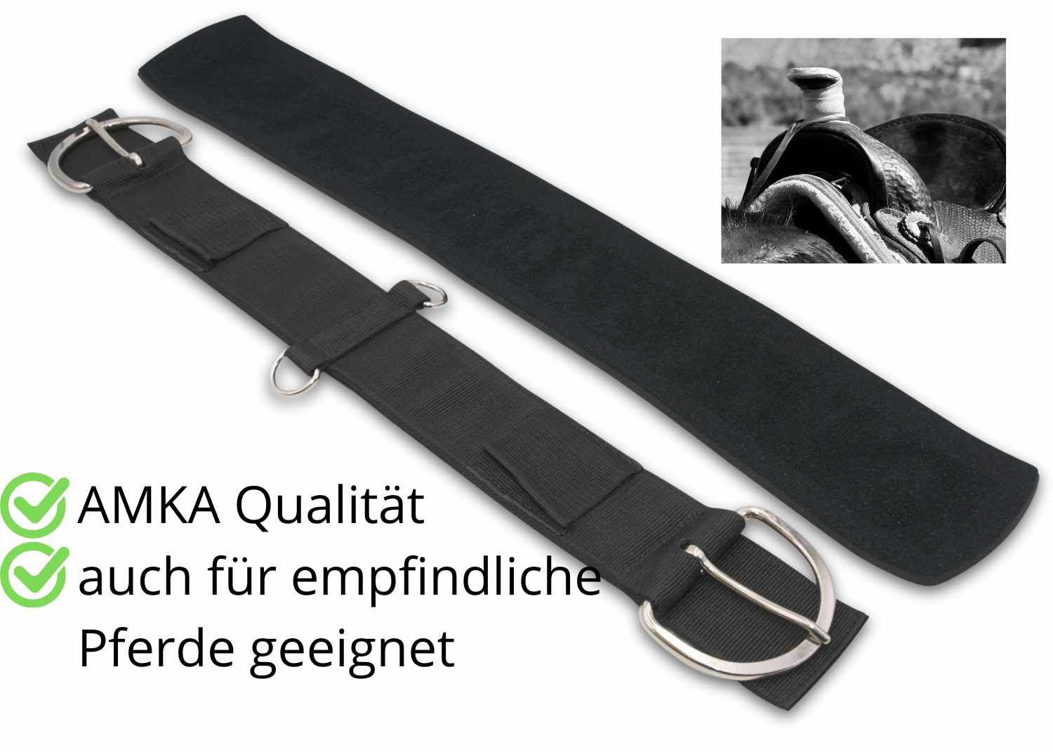 Schwarzer Sattelgurt mit Metallschnallen. Text: AMKA Qualität, auch für empfindliche Pferde geeignet.