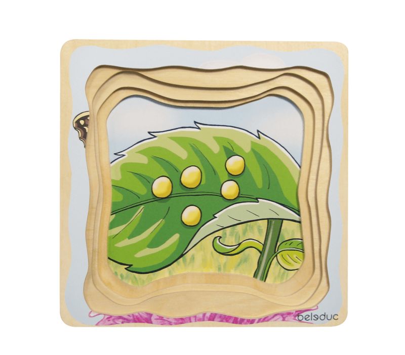 Puzzlespiel mit Schmetterling-Motiv. Holzrahmen, Blatt mit Eiern, gelb, grün. Marke: Beleduc.