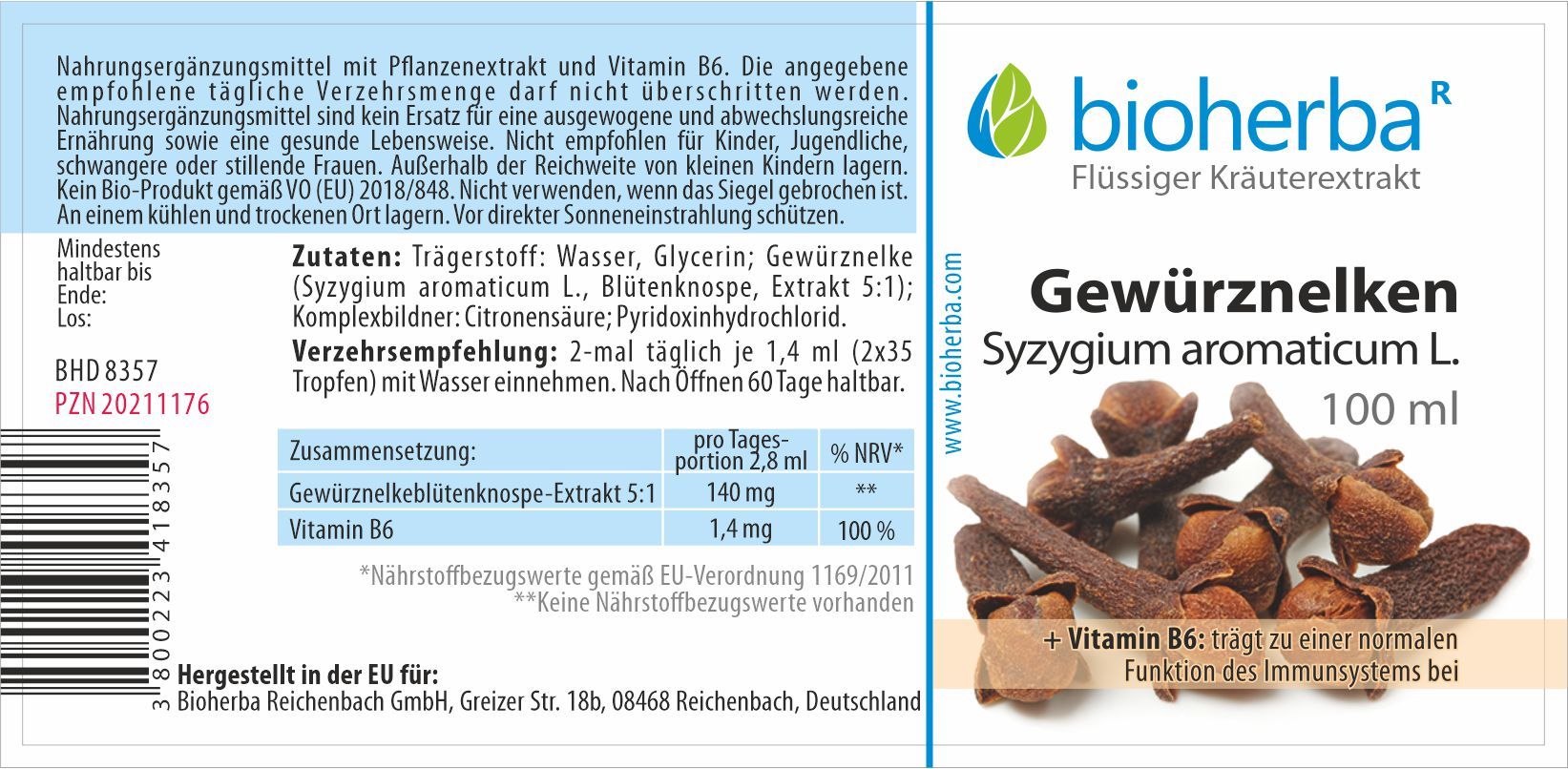 Etikett mit Text und Logo "Bioherba". Produktname "Gewürznelken". Abbildung von Nelken. Text über Inhaltsstoffe und Anwendung.