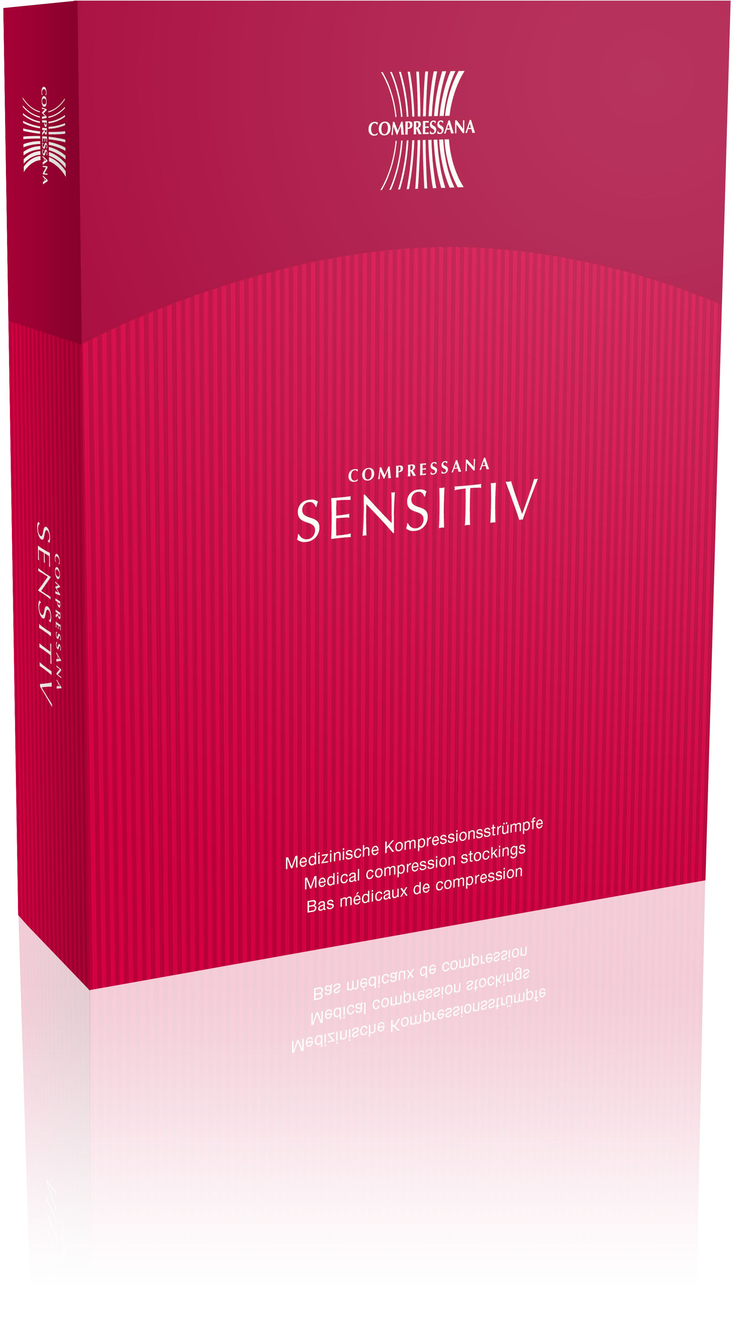 Rote Verpackung für medizinische Kompressionsstrümpfe. Aufschrift: Compressana Sensitiv. Mehrsprachige Produktbezeichnungen.