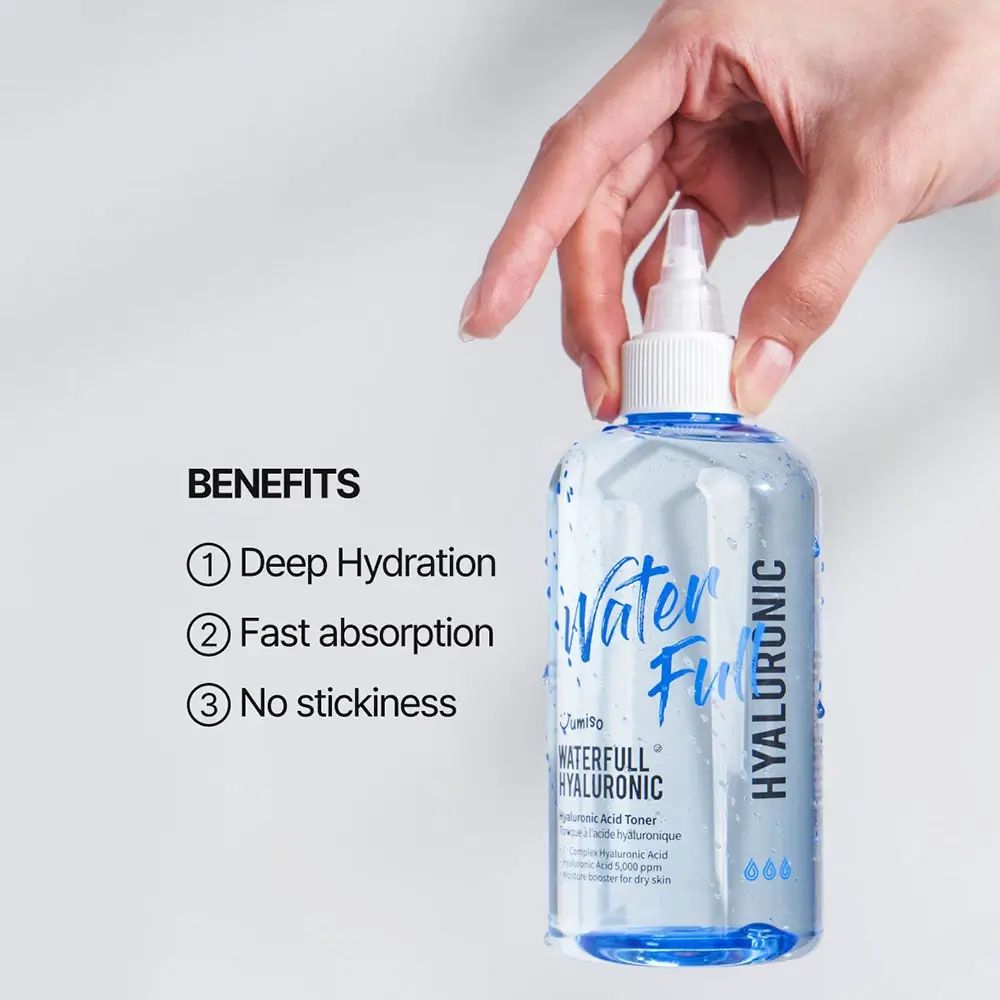 Hand hält eine Flasche Toner. Aufschrift Water Full Hyaluronic. Vorteile: tiefe Hydratation, schnelle Absorption, keine Klebrigkeit.