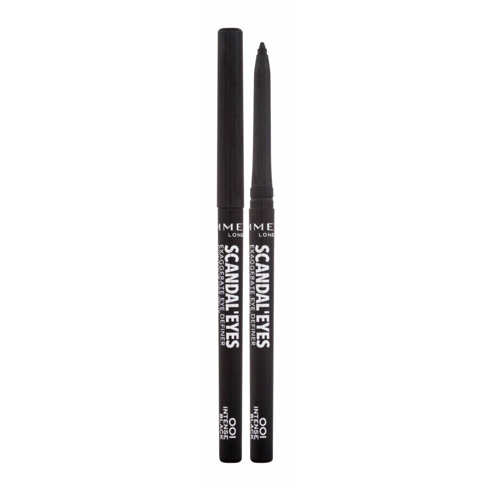 Zwei schwarze Eyeliner-Stifte mit geöffneten Kappen. Aufschrift: Scandal'eyes, 001 Intensives Schwarz.