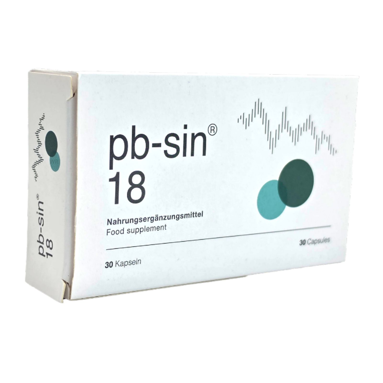 Verpackung von pb-sin® 18, Nahrungsergänzungsmittel, 30 Kapseln, Seitenansicht.