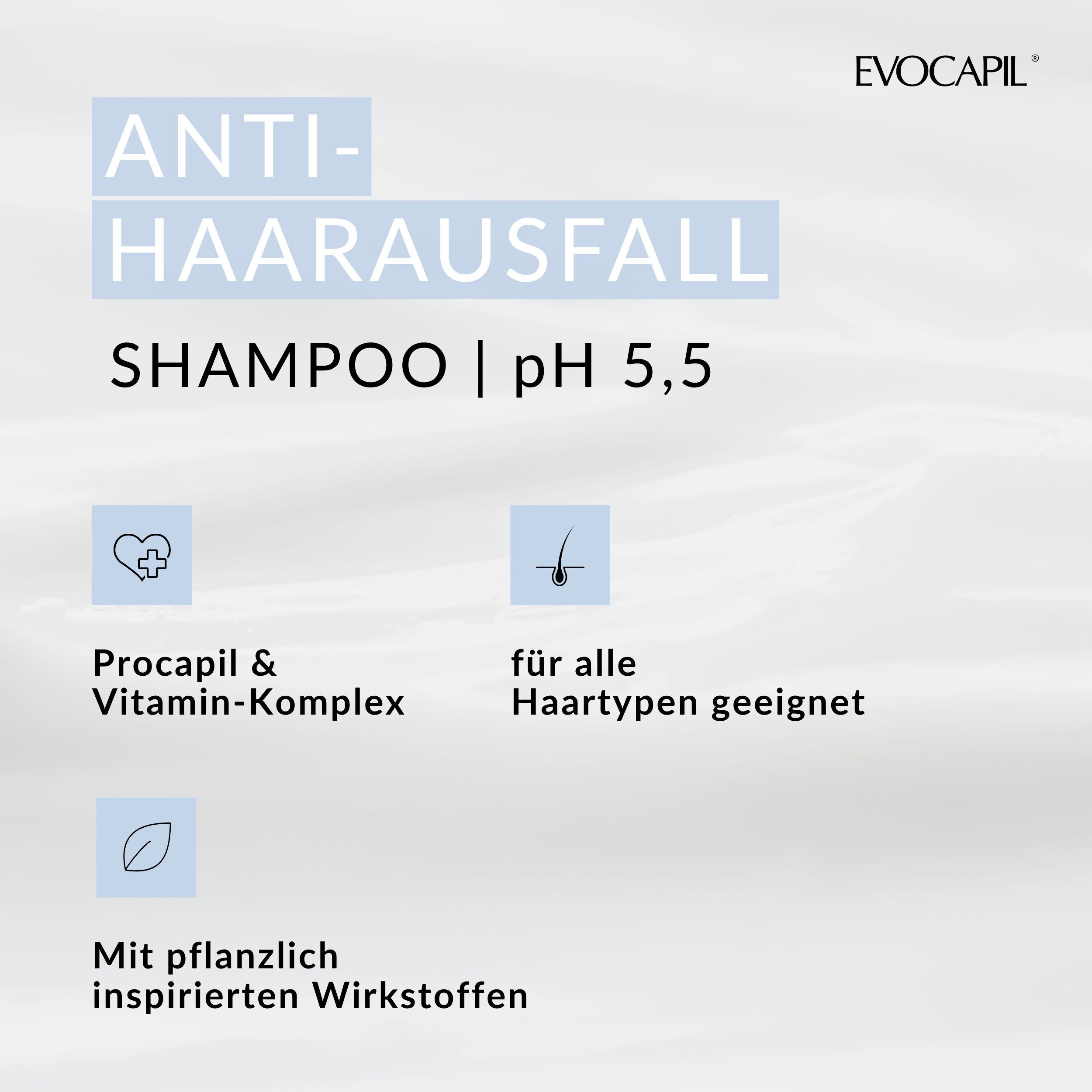 Text-basierte Produktinformationen. Anti-Haarausfall Shampoo, pH 5,5, Procapil & Vitamin-Komplex.